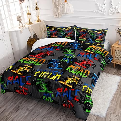 Miniatura 2 de BSNTHO Juego de ropa de cama de auto de carreras para adolescentes, juego de edredón de automóvil deportivo de velocidad, tamaño individual, edredón
