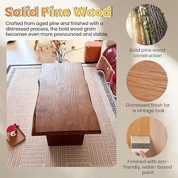 Woods Coffee Table,Rustic Retro Square Coffee Tables for Living Room,Live Edge Wooden Farmhouse Center Table,for Bedroom,Office,Apartment,Easy Assembly(Distressed,78.7x27.5x17.7in)