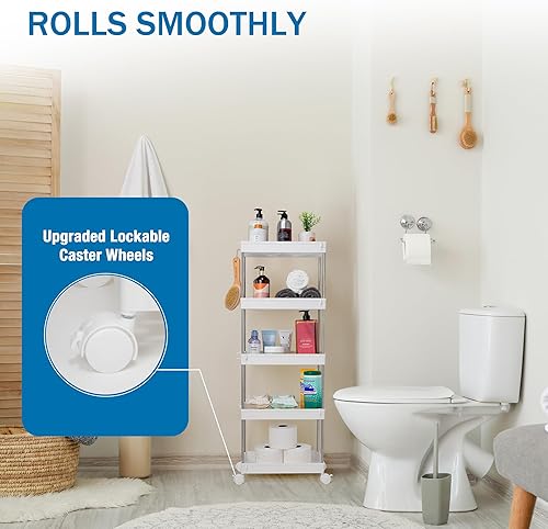 Miniatura 5 de Organizador delgado de almacenamiento de baño de 5 niveles con ruedas y niveles ajustables, para despensa, cocina y lavandería, estante para