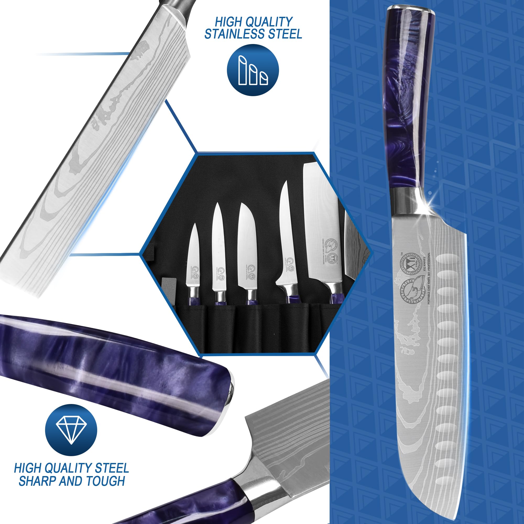 XYJ Autentico Dal 1986, Coltelli Chef Giapponesi da 10 pezzi Set con Affiliatore Rod Rolling Bag & Fodera, Coltelli Cucina In Acciaio Inox, Paring Santoku Taglio Coltelli Strumenti