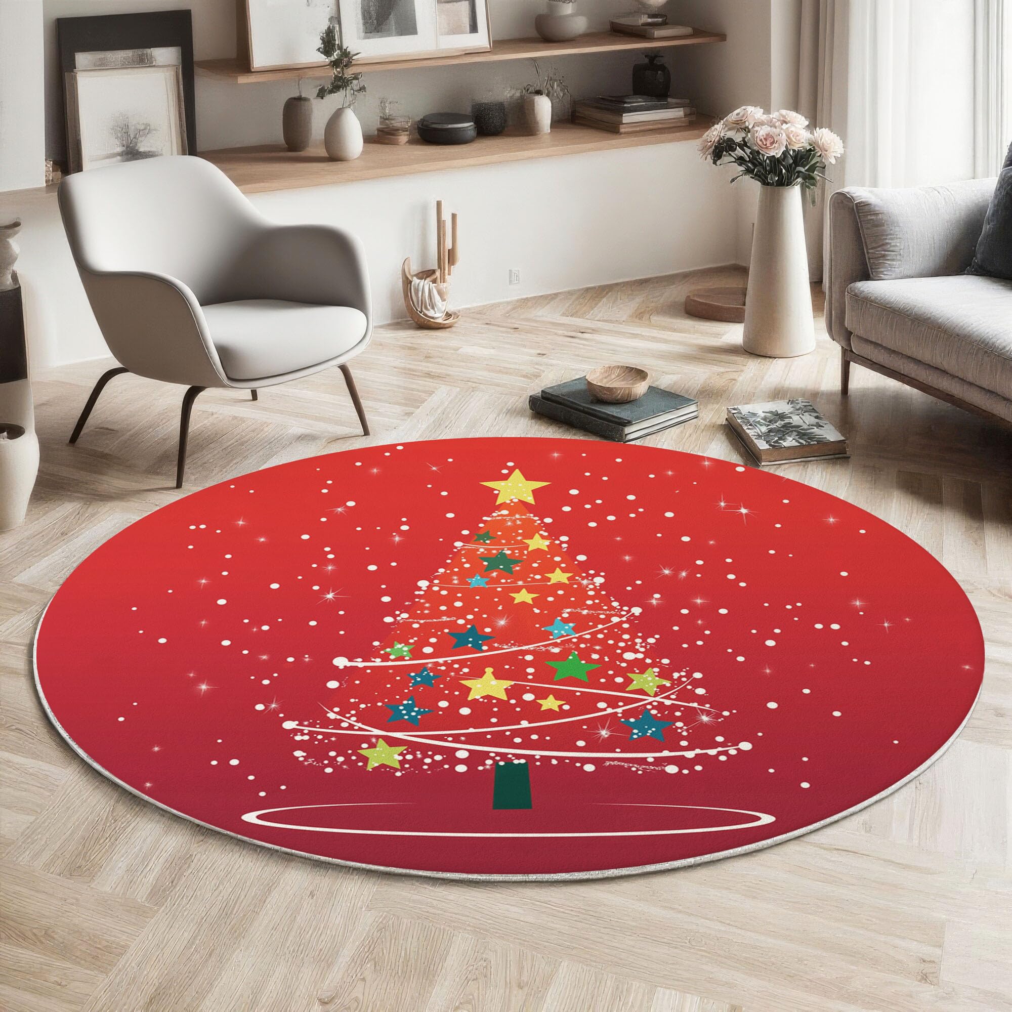 Tapis de chambre lavable rond sapin de Noël étoilé rouge 100 cm antidérapant