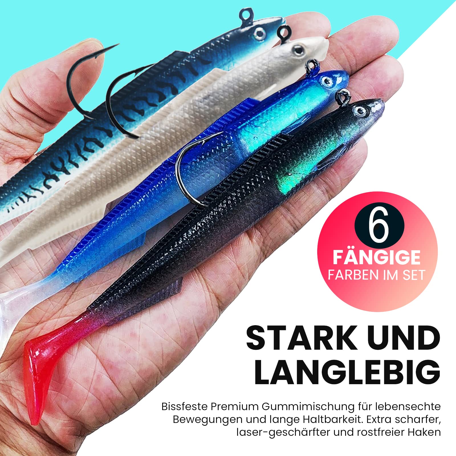 Peces de goma con cabeza de jig, 15 cm, 30 g, 6 unidades, cebo de goma para lucioperca y otros peces depredadores