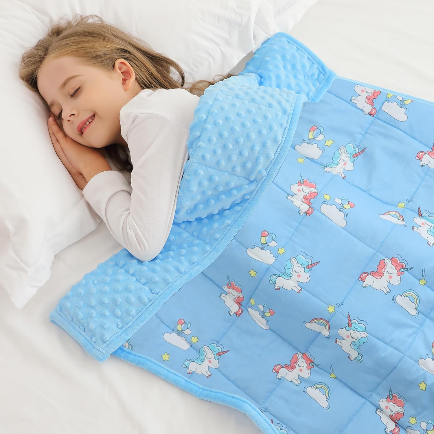 Alomidds Weighted Blanket Kids 5lb 36″x48″, Minky Dots Small Weighted Blanket, Comfort Breathable Soft Throw Heavy Blanket for Sleeping, Sky Blue Unicorn