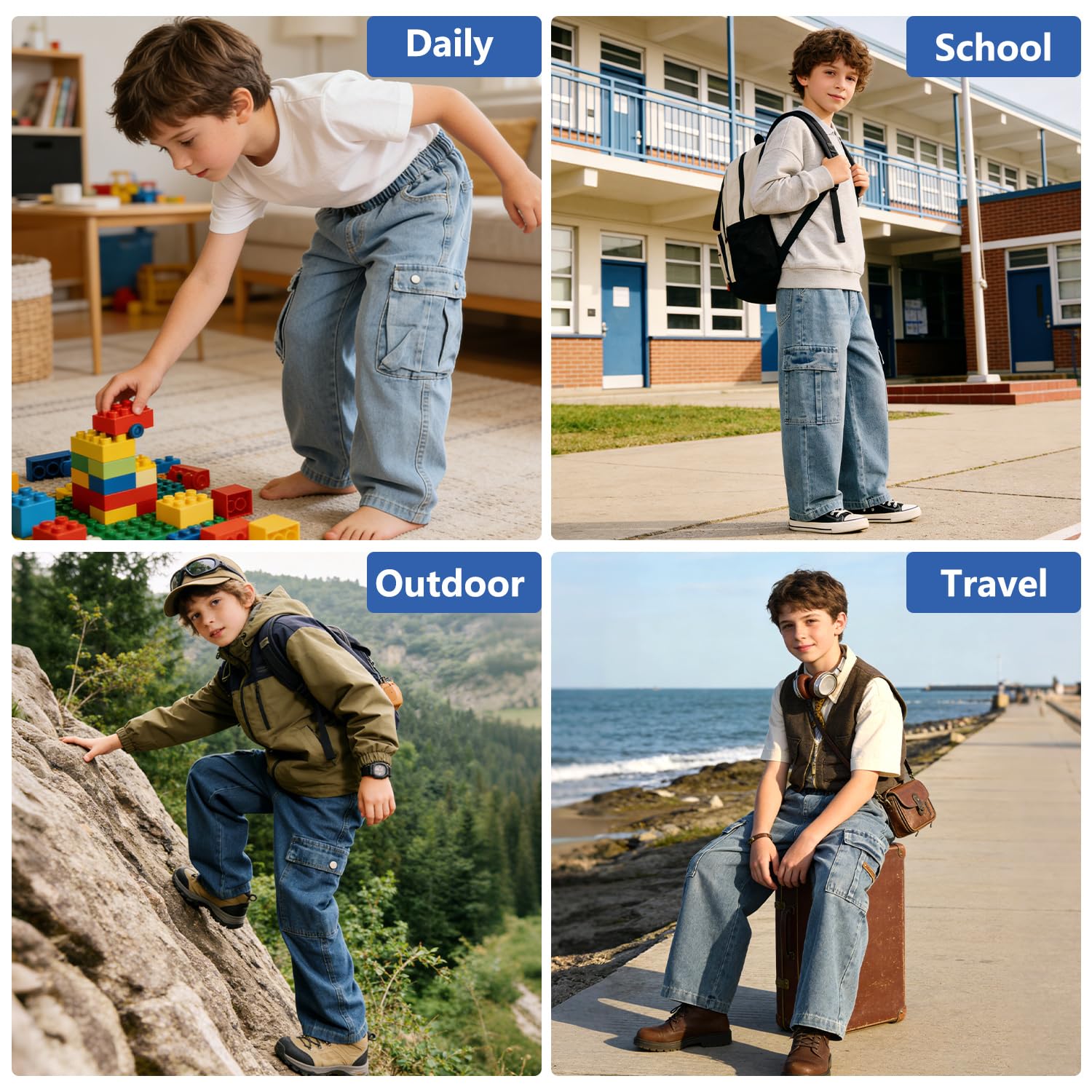 Jeans Baggy Garçon Taille Élastique Cargo Pantalon en Denim 7-15 Ans | Multiples Poches, Loose Fit, Jambes Larges, Enfants Décontracté Cargo Jean, Mode Streetwear Outdooor Casual Pantalons
