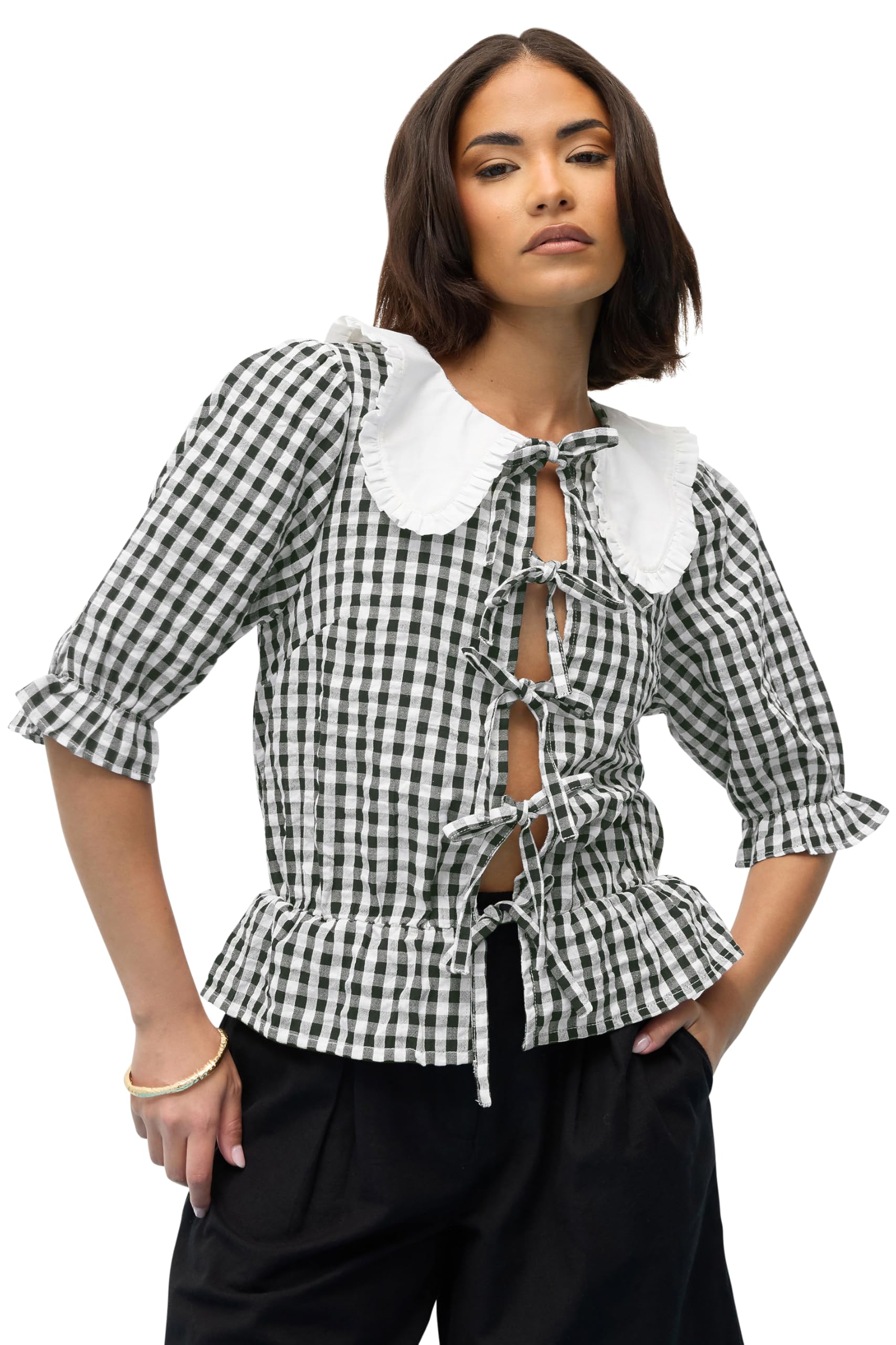 Pixiegirl Women's Black Petite Gingham Tie Front Peplum Top In | : Size 8