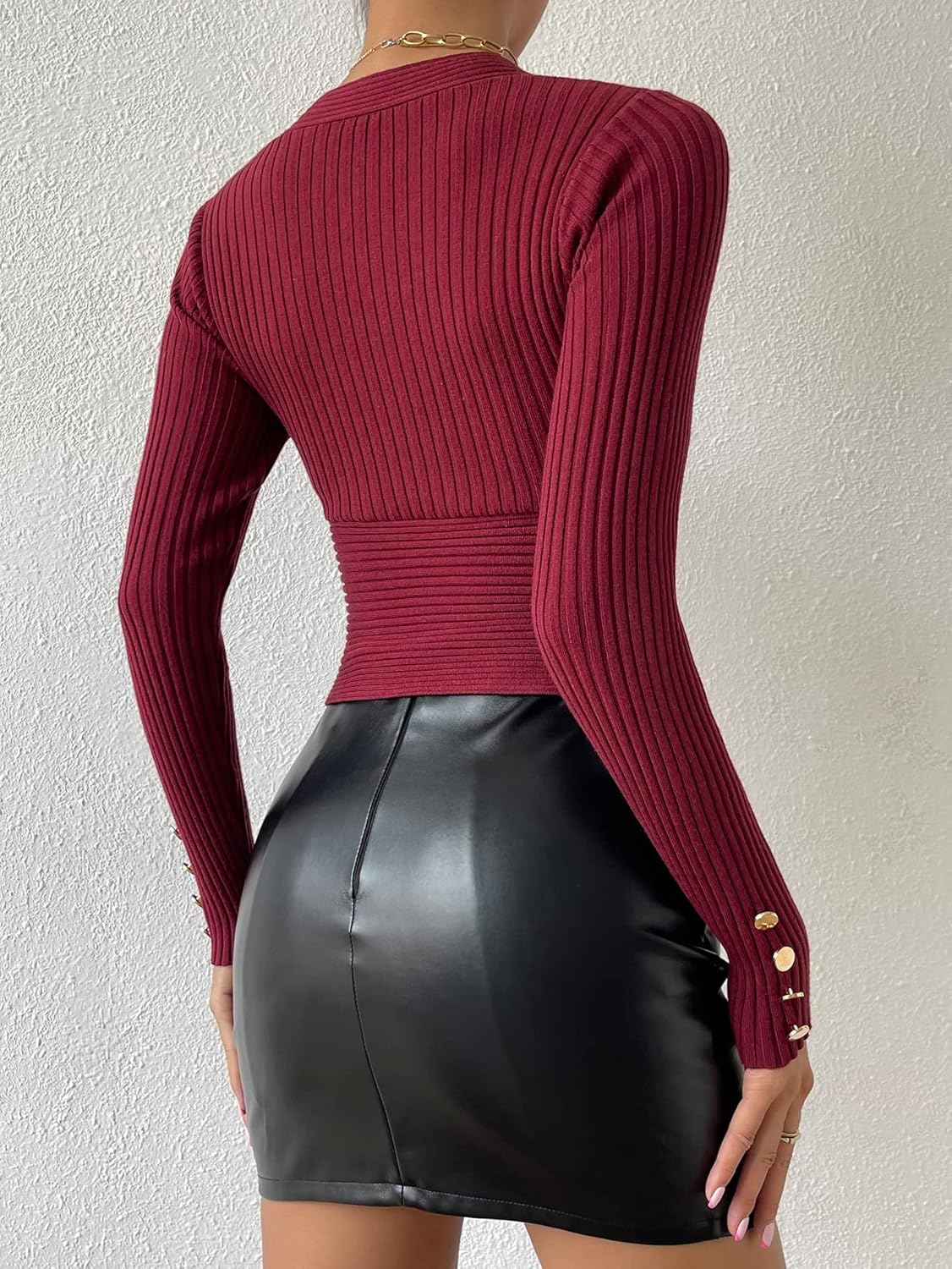 Women's Sweater Surplice Neck Fake Button Rib-Knit Sweater Sweater for Women (Color : Burgundy, Size : Medium)