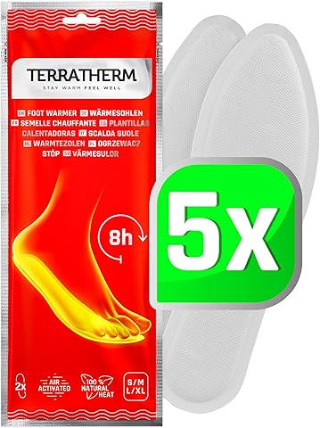 TerraTherm Plantillas Calentadoras - Activado por Aire - para 8 Horas de pies Calientes - 5, 10 o 30 Pares - 100% Calor Natural - Almohadillas Termicas