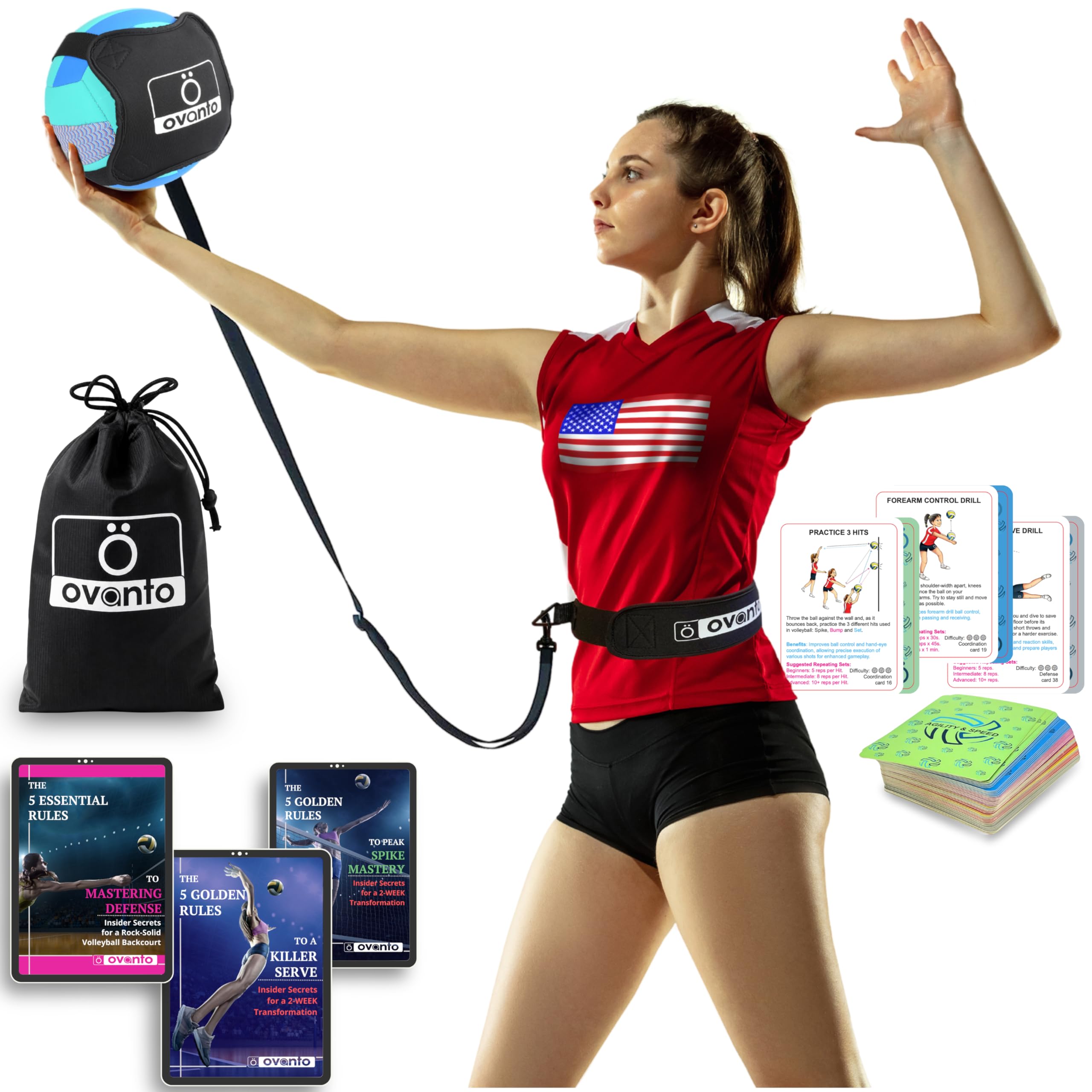 OVANTO Volleyball Training Equipment Aid – Solo Volleyball Equipment in 4 Styles to Serve, Spike, Set and Pass Like a Pro - Adjustable Volleyball Practice Equipment Gift for Beginners & Experts