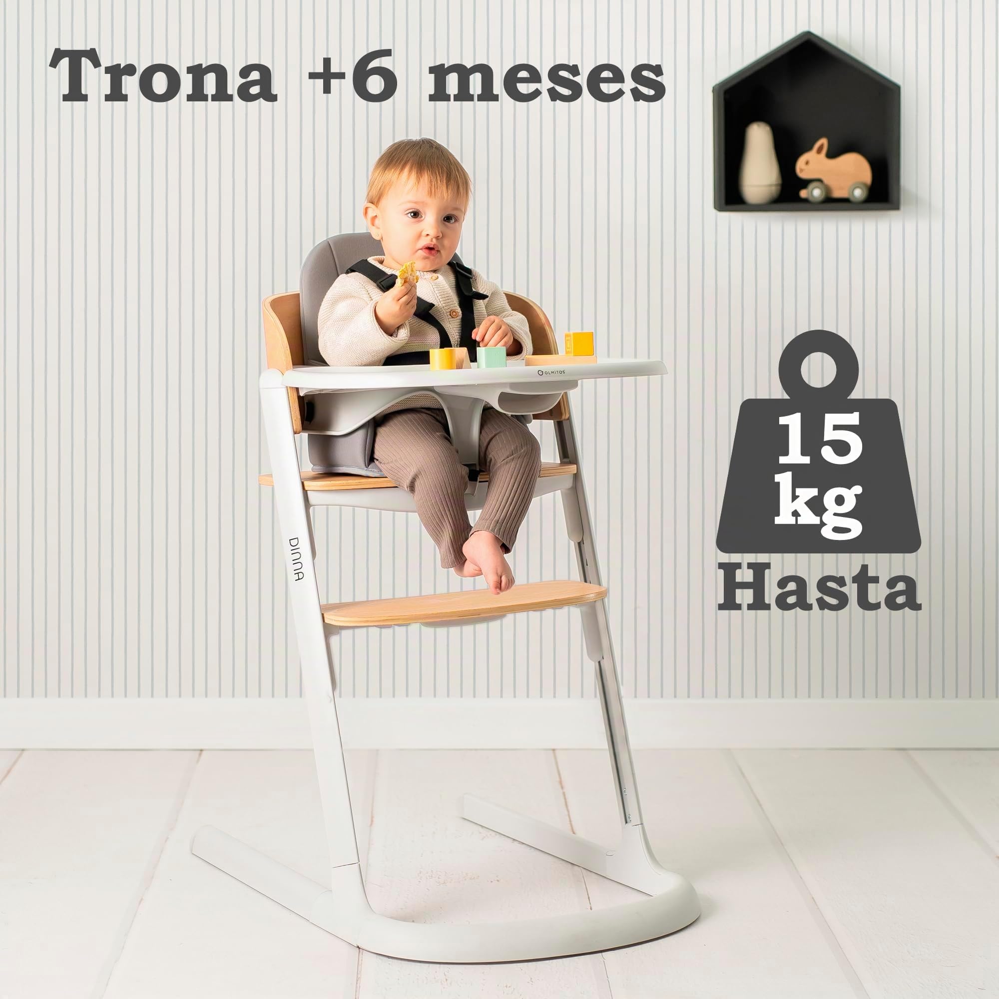 Olmitos Trona evolutiva de madera 2 en 1 DINNA Silla infantil Evolutiva y convertible desde 6 meses hasta adolescencia | Ajustable en altura y profundidad, bandeja extraíble y arnés 5 puntos (Negro)