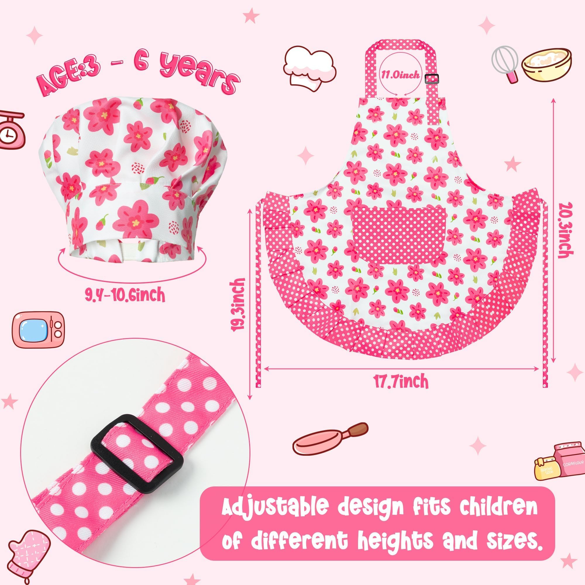 R HORSE Kid Apron and Chef Hat Set - 2Pcs Adjustable Children Pink Flower Kitchen Toddler Apron for Girls, Role Play Chef Toy Cooking Baking Painting and Training Kits Kid Funny Cooking Birthday Gift