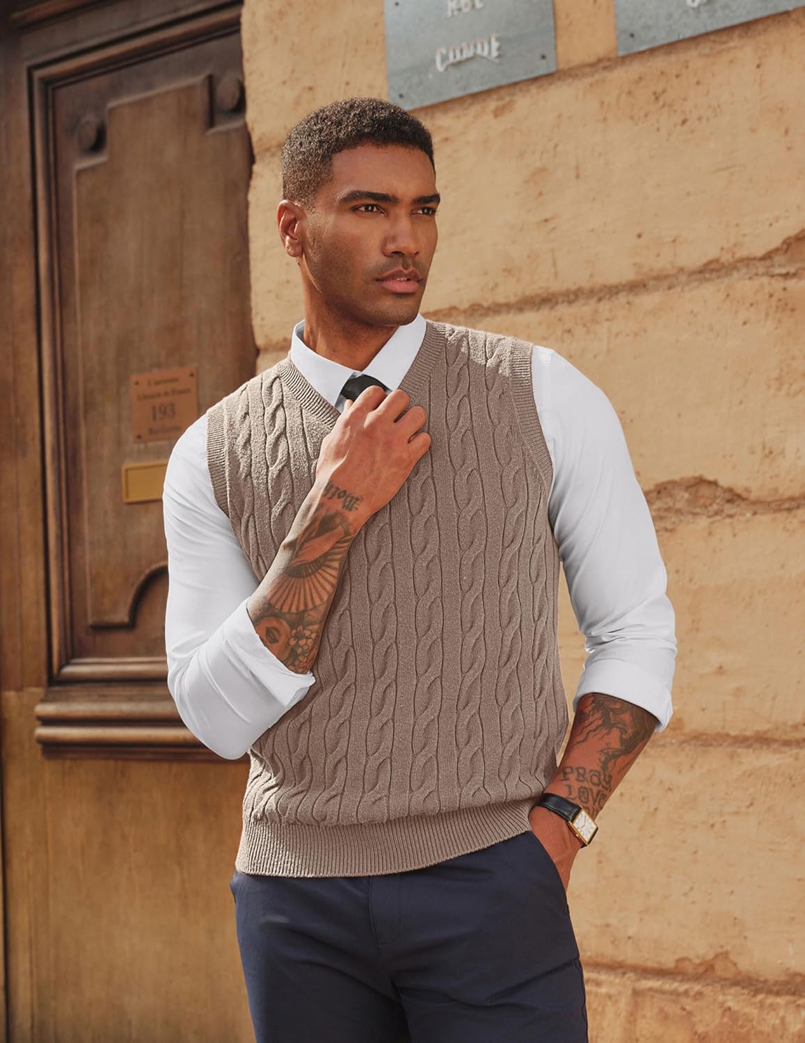 PJ PAUL JONES Men's Sweater Vests V Neck Cable Twist Knit Sleeveless Vests Casual Pullover Sweater - Image 2