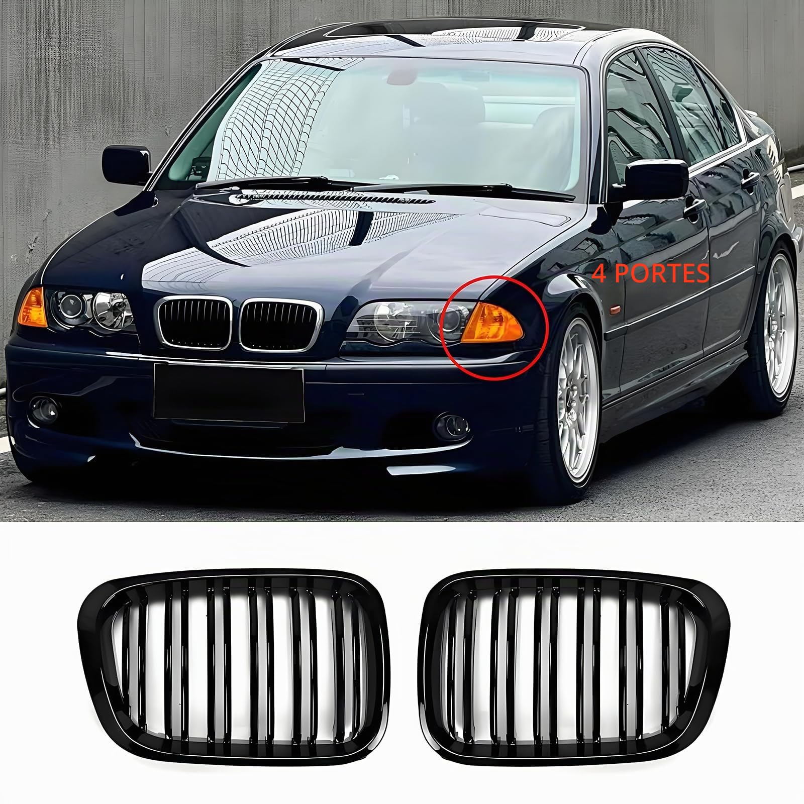 Calandre noire E46 pour Grille BMW Série 3 E46 4D 1998-2001 PRE Facelift Calandre sport brillant noir double pont(ne convient pas pour 2 portes)(For 3er E46 4D 1998-2001 PRE)