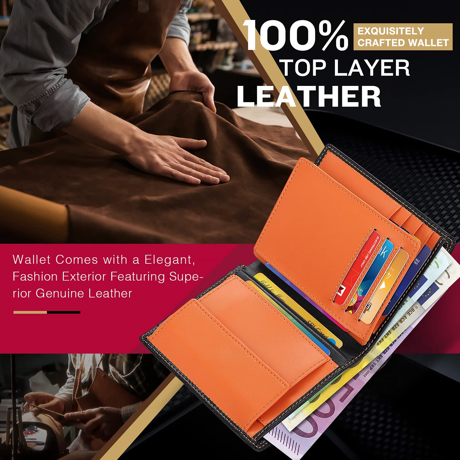 TEEHON® Portafoglio Uomo Brifold Vera Pelle Blocco RFID, con Tasca Portamonete, 12 Porta Carte di Credito, 2 Scomparti Banconote, Finestra ID, Verticale Portafogli - nero e arancione