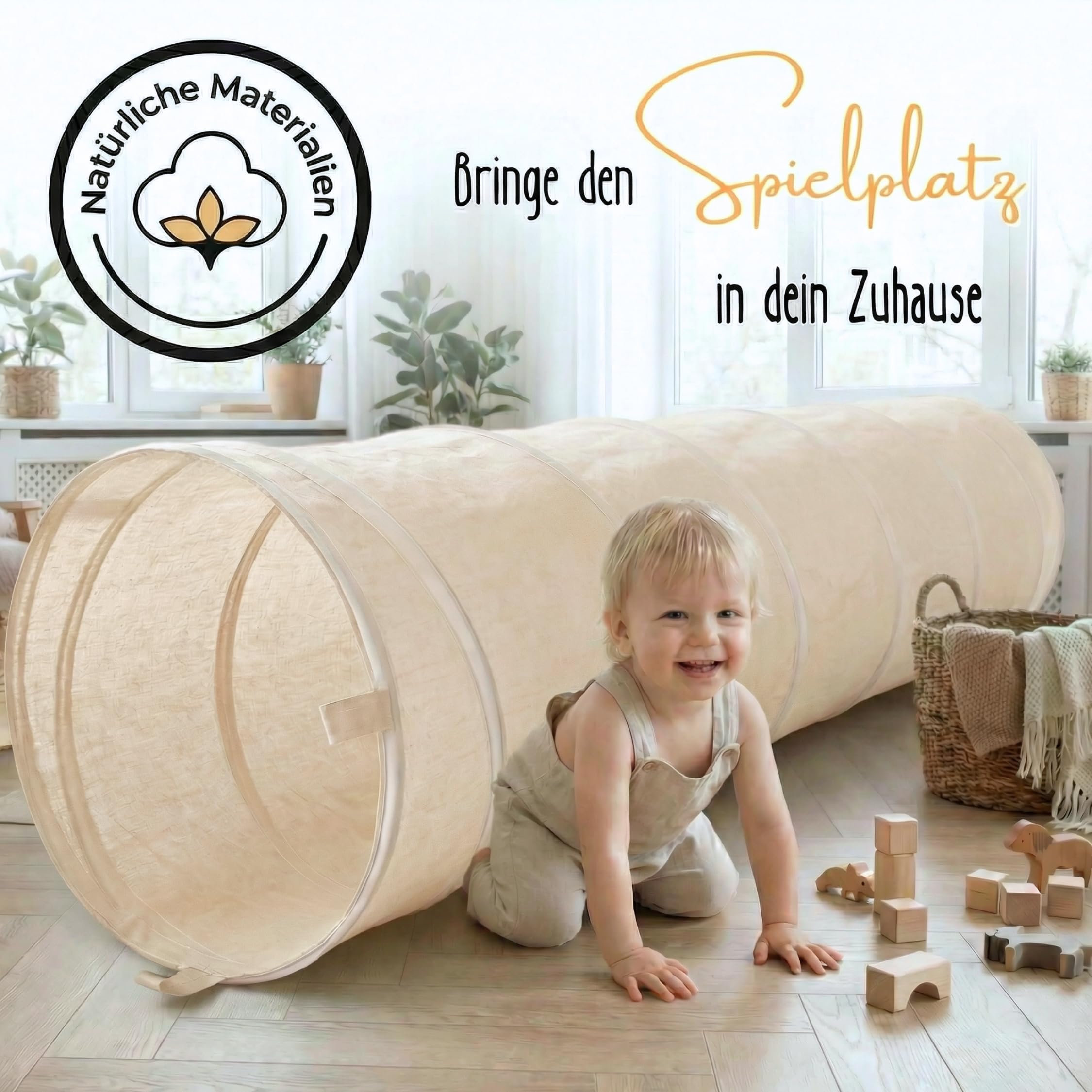LIONHERZ® Spieltunnel für Kinder aus Baumwolle/Hanf mit Klettverschlüssen [180cm x 46cm] Krabbeltunnel für Baby | Faltbarer Pop-up Kriechtunnel | passend zu unserem runden Spielzelt (Cremeweiß)