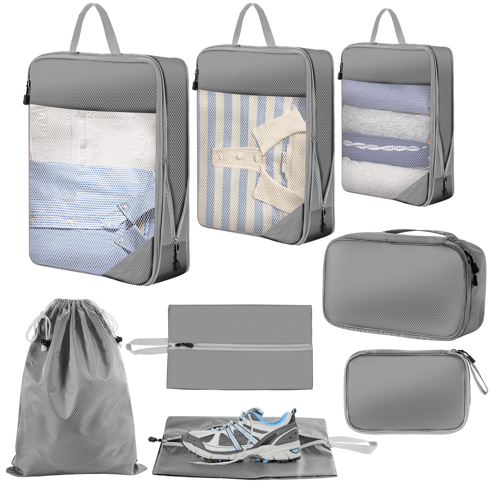 Achort Organizer Valigia Kit Viaggio 7 Pezzi Organizer Viaggio Accessori Viaggio, Organizer Valigia Set Viaggio Borse per Biancheria Intima Calzature Vestiti Tessuto Impermeabile (Grigio-7 Pack)