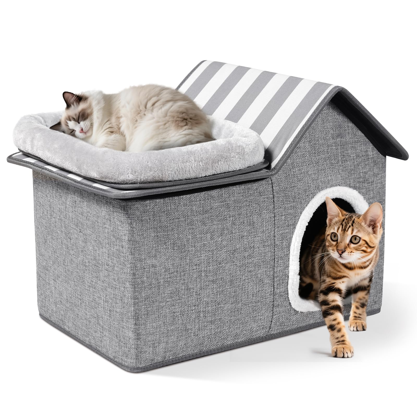 Zvonema Casa para gatos, 2 pisos, cueva de fieltro, protección de las uñas de los gatos, estable casa para gatos interior con cojín suave y lavable, cama plegable para mascotas pequeñas y medianas, 57