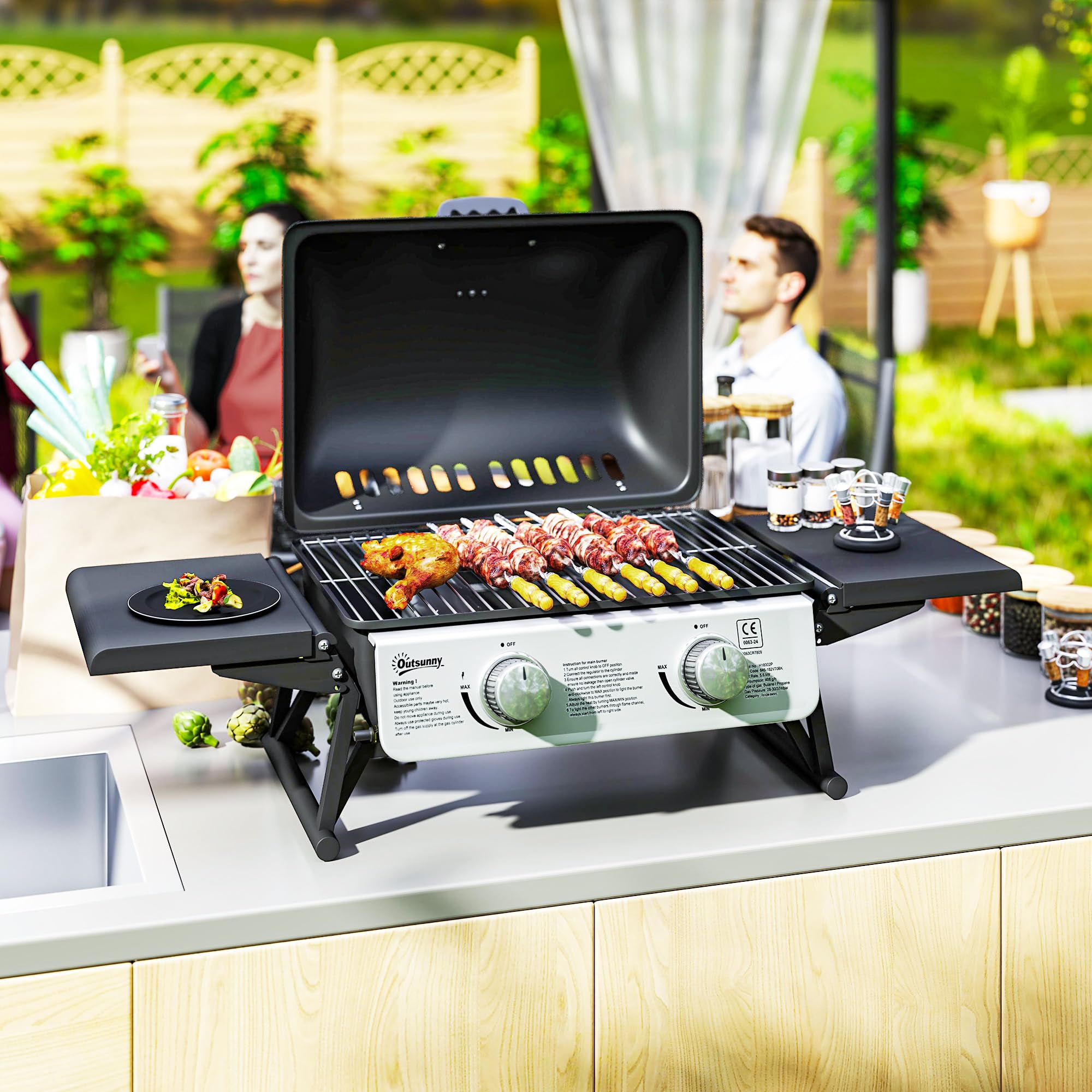 Outsunny Barbecue à gaz à 2 brûleurs avec tables latérales pliables, barbecue à gaz portable avec thermomètre intégré, couvercle, bac à graisse pour jardin, fête, camping, pique-nique, cuisine en