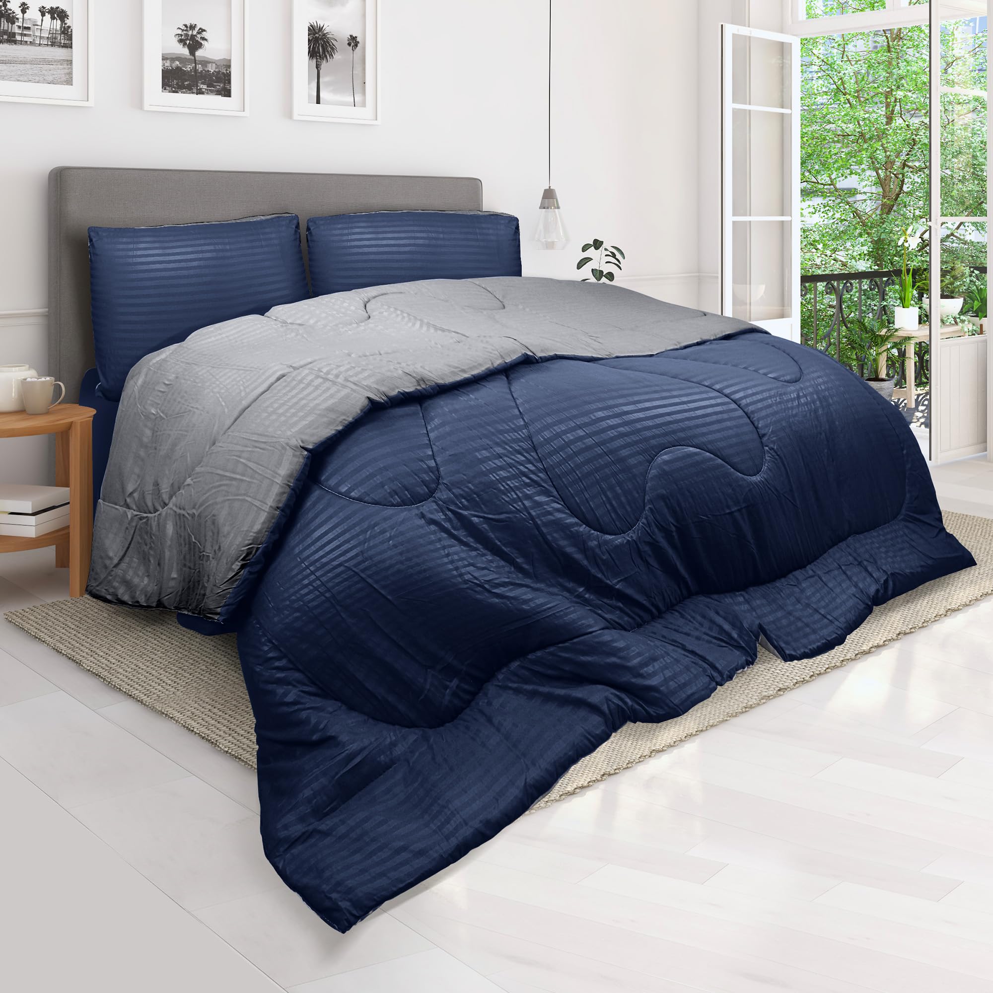 Hotel Linen Klub Reversible Down Alternative Comforter Set -Ultra Soft Brushed Stripe Microfiber Fabric, 200GSM Soft Fibersheet Filling, Size : King 240 x 260cm, Color: Navy Blue & Dark Grey Navy King Reversible Comforter Set