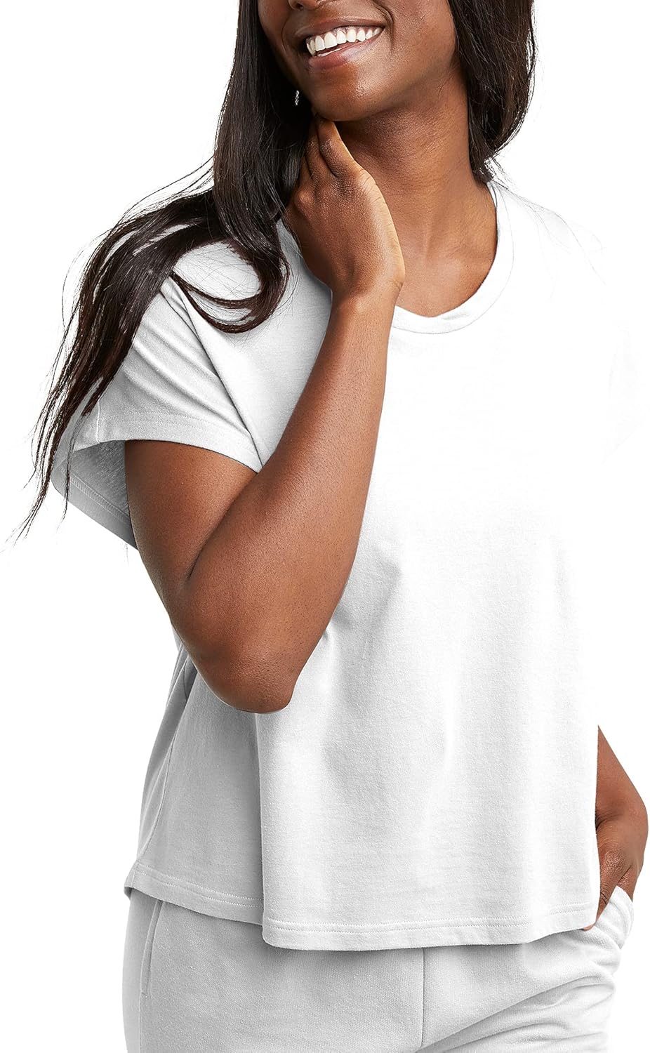 Hanes Womens Originals Twisted Neck T-Shirt, Short-Sleeve Cotton Tee, Boxy Fit X-Small White