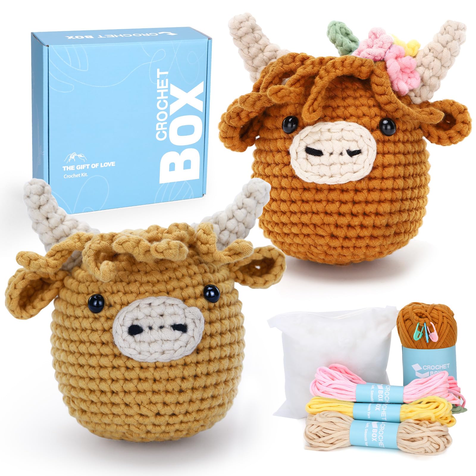 CrochetBox 2 PCS Highland Cow Crochet Kit, Brown Cow Set for Beginners