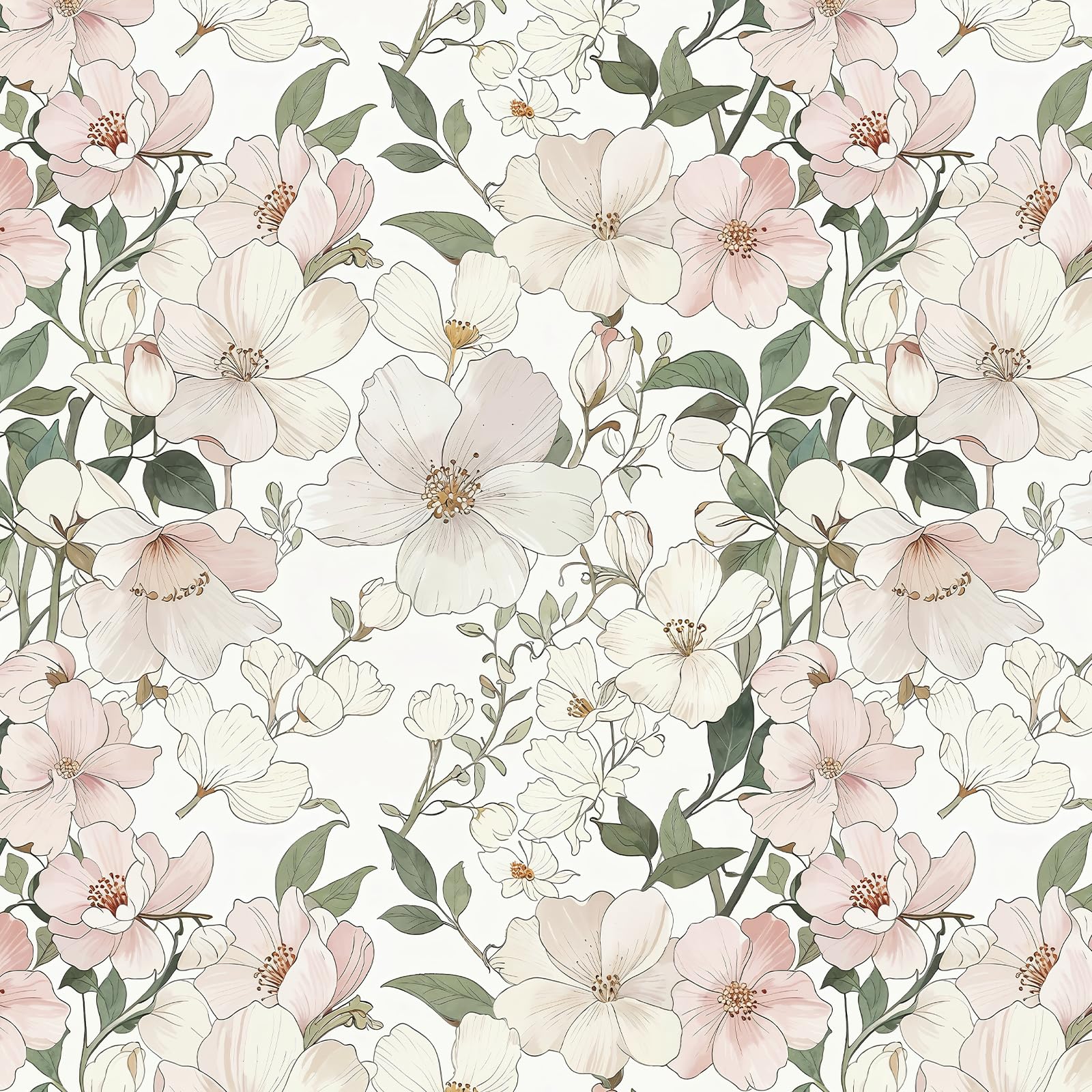 Peel and Stick Floral Wallpaper Soft Pink Botanical Flower Pattern, Vintage Farmhouse Self Adhesive Vinyl Wallpaper, Removable Sticky Back Plastic for Bedroom, Living Room & Cabinets 44cm x 500cm