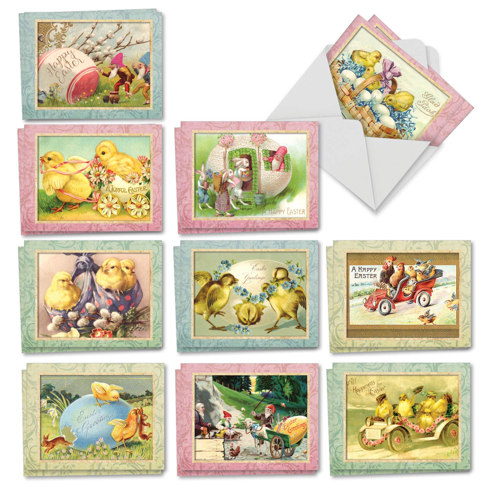 The Best Card Company - 20 Vintage Easter Cards with Envelopes (4 x 5.12 Inch) - Retro Boxed Note Cards for Easter (10 Designs, 2 Each) - Springtime Chicks AM3196EAG-B2x10