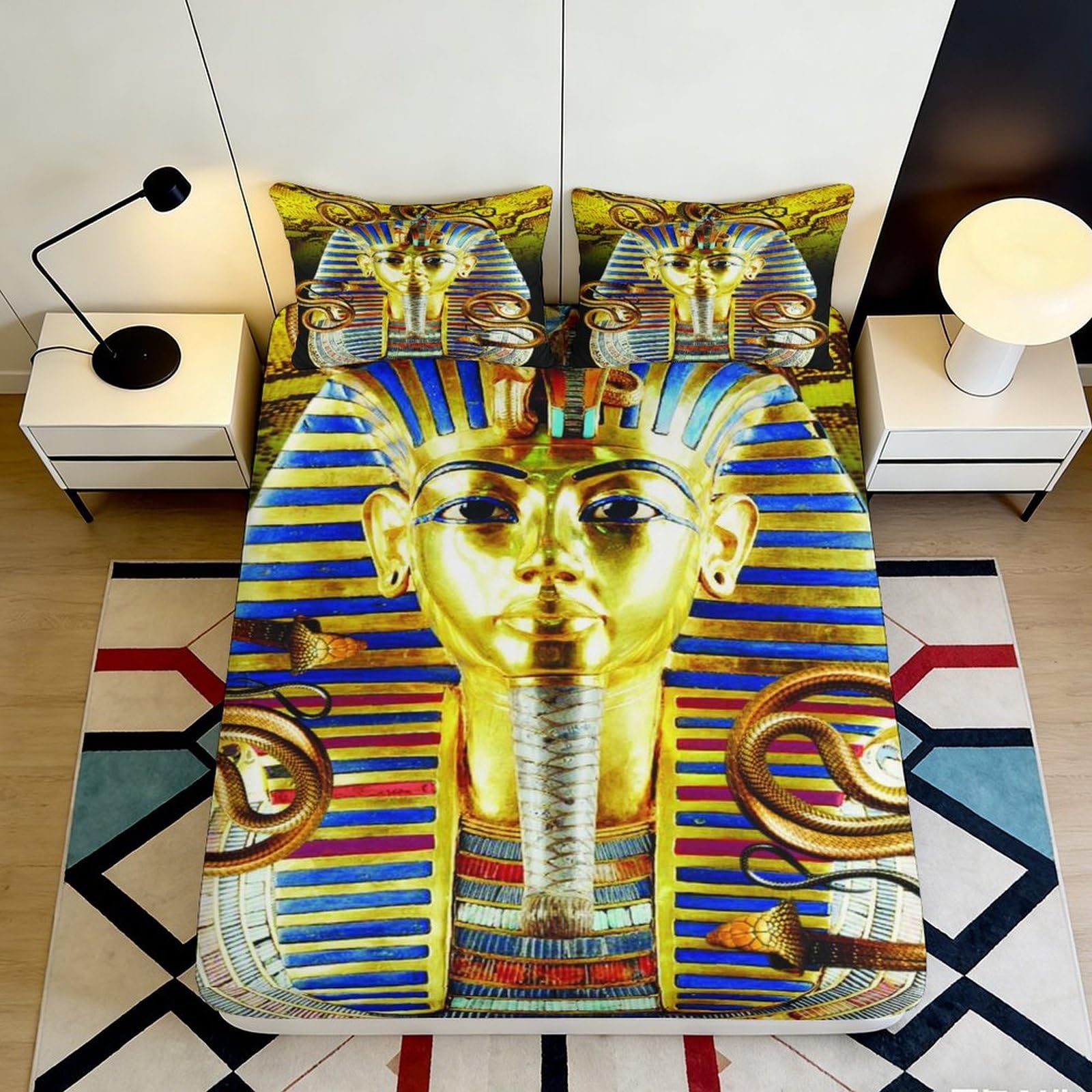 3D Printed Egyptian Pharaoh Fitted Sheet Microfiber Soft Breathable Ancient Egypt Bed Cover for Bedroom Dormitory Guest Room Mattress Protection Decor 180x200x25cm