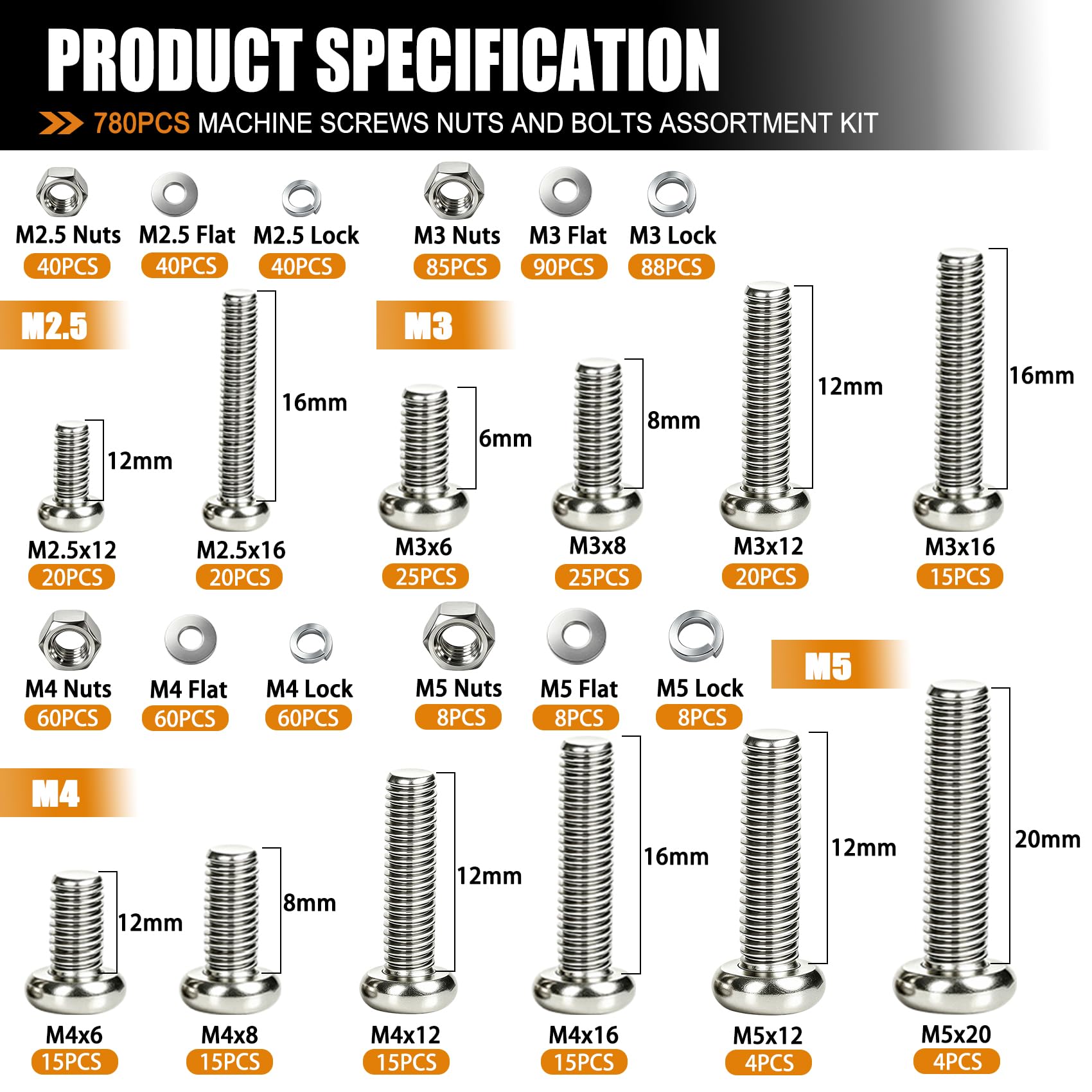 780PCS Stainless Steel Screw & Bolt Kit - DIY & Repairs -2 780PCS Stainless Steel Screw & Bolt Kit - DIY & Repairs -2