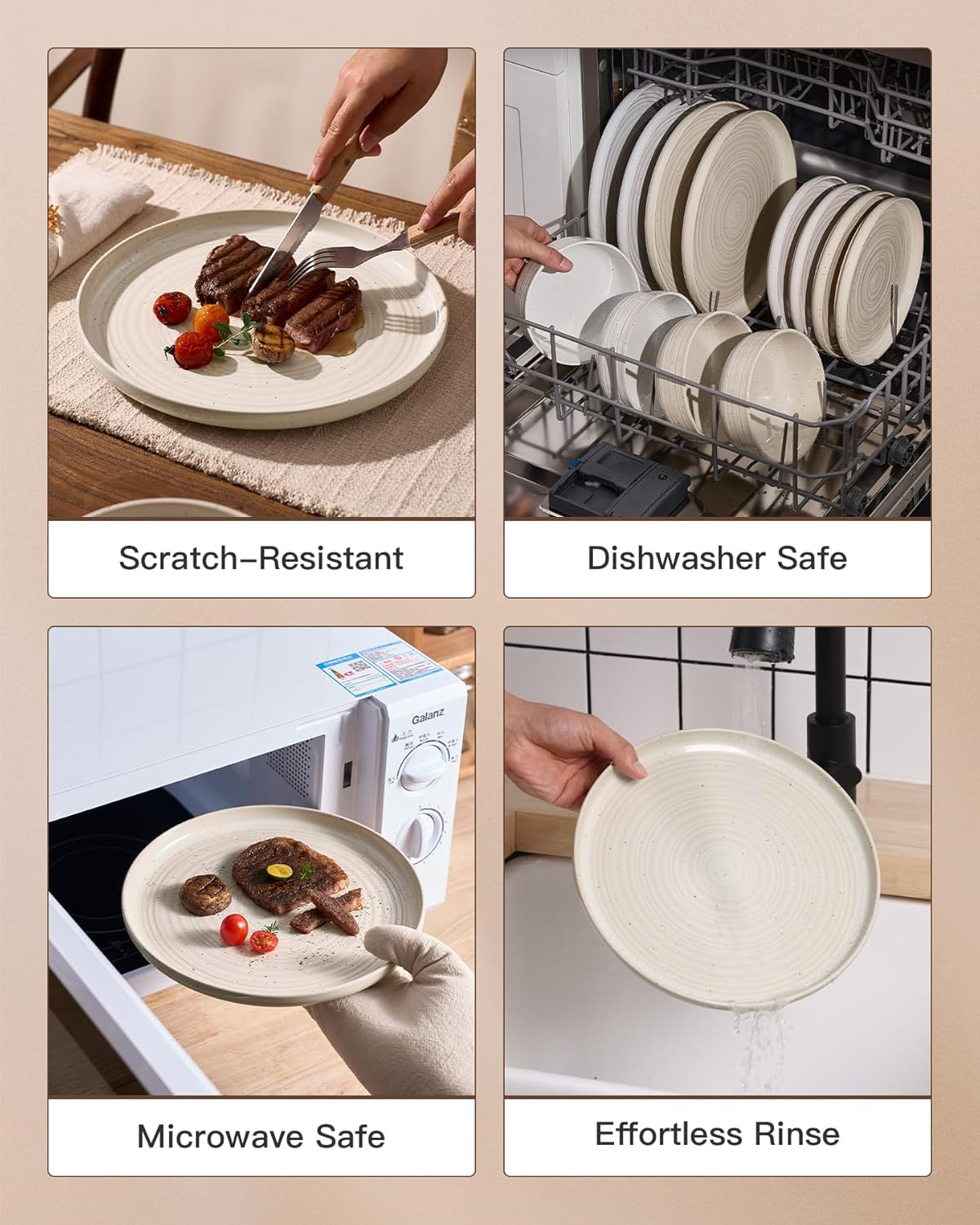 Stoneware Dinnerware Set, Highly Chip and Scratch Resistant Everyday Plates and Bowls for 8 (24pcs), Reactive Glaze Speckled Ceramic Flared Dishes with Gift Box, Microwave Dishwasher Safe, Shell Beige