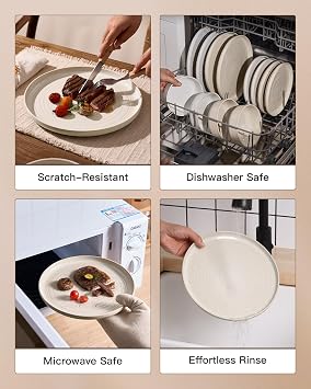 Stoneware Dinnerware Sets for 8, Reactive Glaze Plates & Bowls, Shell Beige