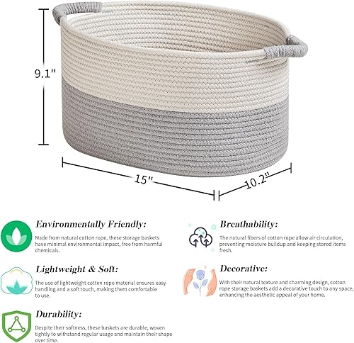 Miniatura 2 de Cestas de almacenamiento para organizar, 15 x 10.2 x 9.1 pulgadas, 1 paquete de contenedor de guardería con asas, cestas de cuerda de algodón tejida