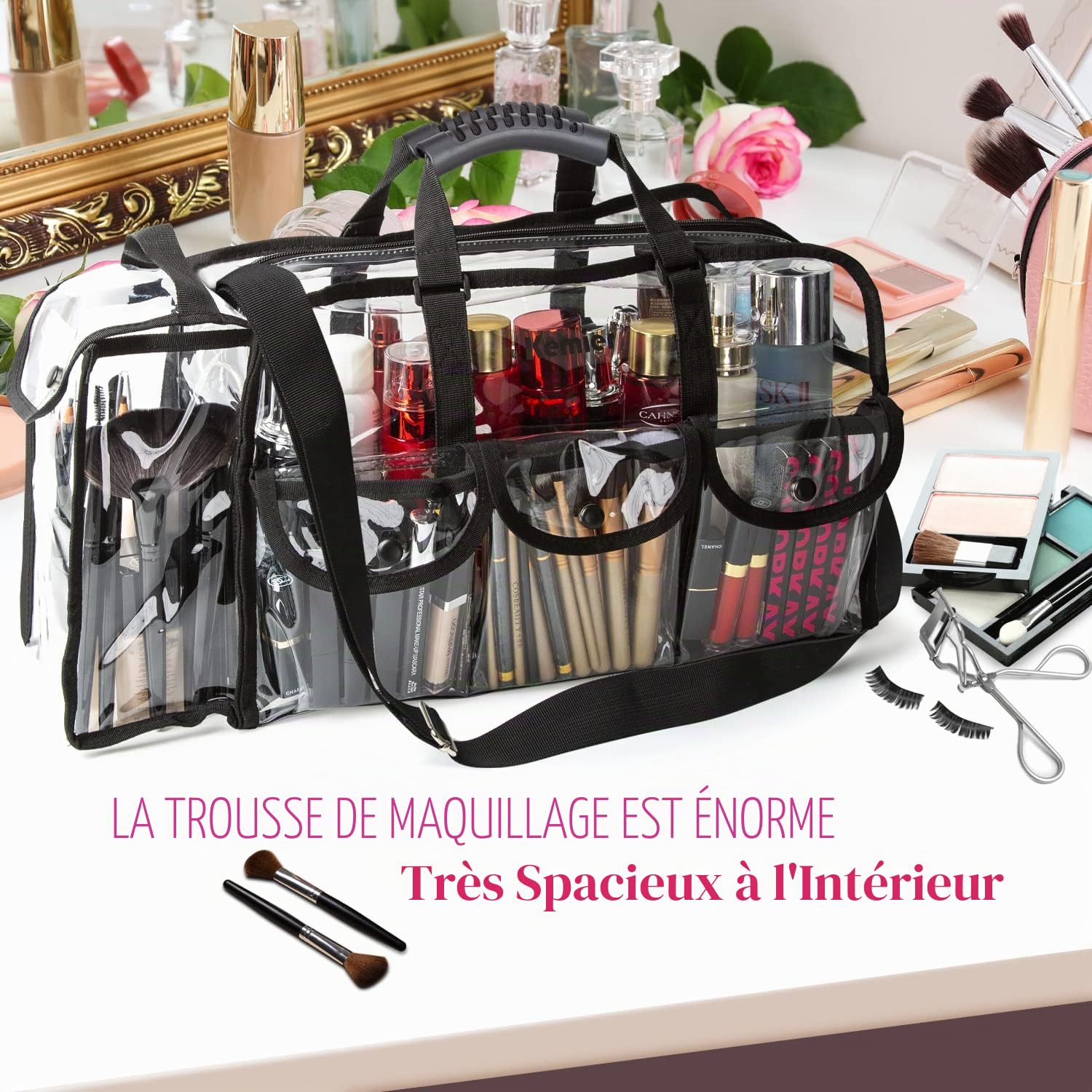 Sac Transparent de Trousse de Maquillage pour Voyage avec 6 Grandes Poches Extérieures étui de Rangement Cosmétique avec Bandoulière