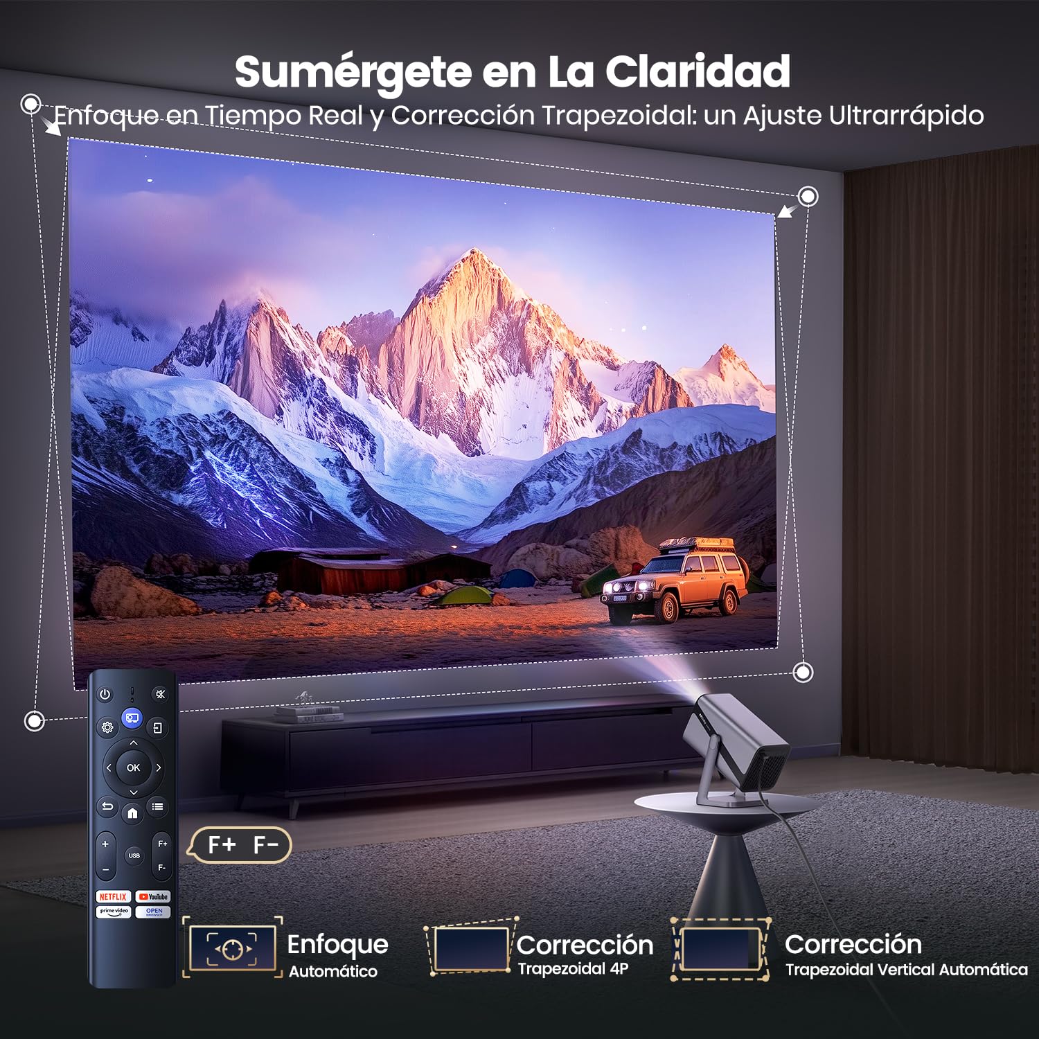 Smart Proyector Portátil 4K con APP/Dolby/Auto Focus&Keystone, Proyector WiFi Bluetooth 1080P Nativo Full HD, Proyectores Compatible con Netflix, Zoom al 50%, Giratorio 360° para Móvil/PC/Cine en Casa