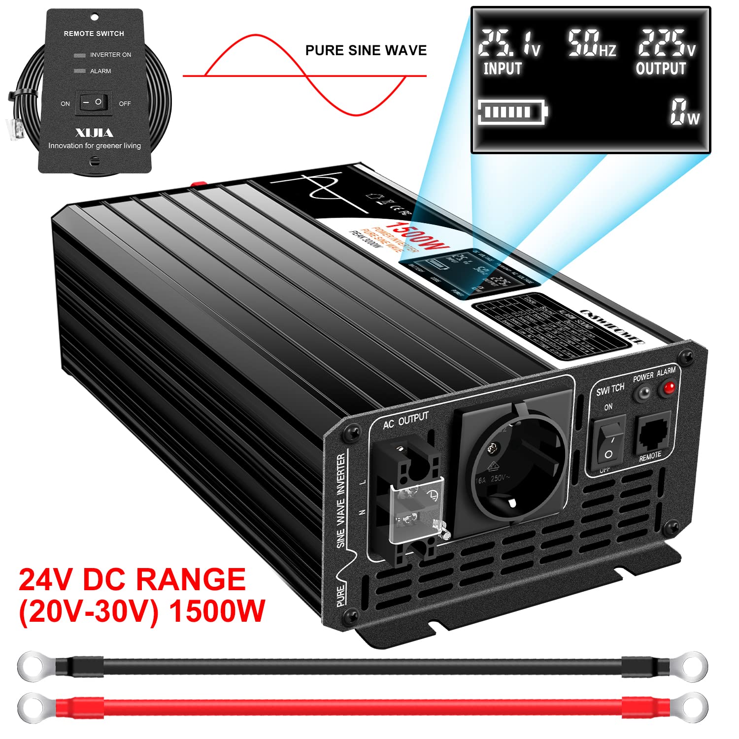 Xijia Inverter da 1500 W, 24V, onda sinusoidale pura a AC 230V, 50Hz, display LCD, convertitore di energia solare per auto di casa (DC 24V (gamma 20V-30V) 1500W)