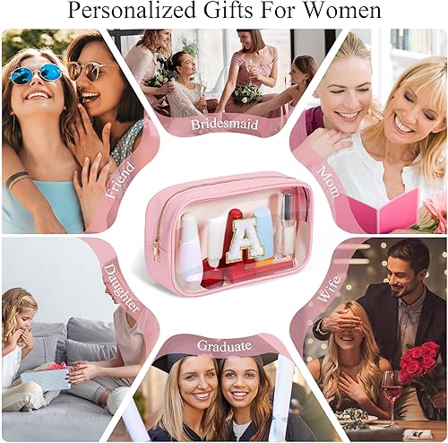 Miniatura 6 de YOOLIFE - Bolsa de aseo transparente con inicial, bolsa de maquillaje impermeable, regalo para el Día de la Madre, graduaciones y docentes, Rosa