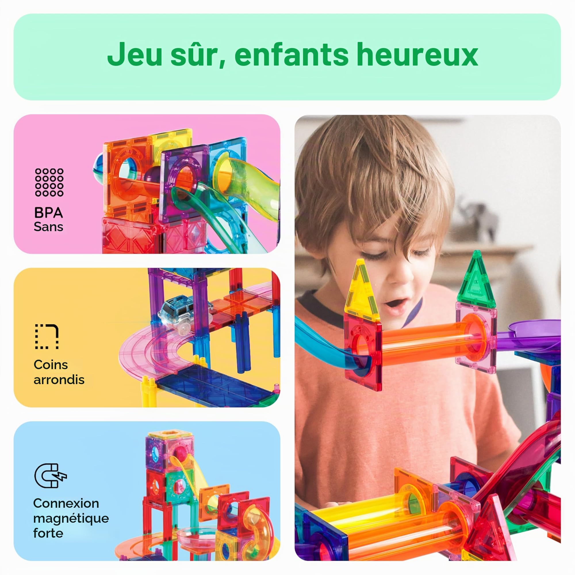 PicassoTiles PTG108 Ensemble de 108 pièces magnétiques en marbre avec tuiles de construction et toboggans de voiture pour enfants à partir de 3 ans