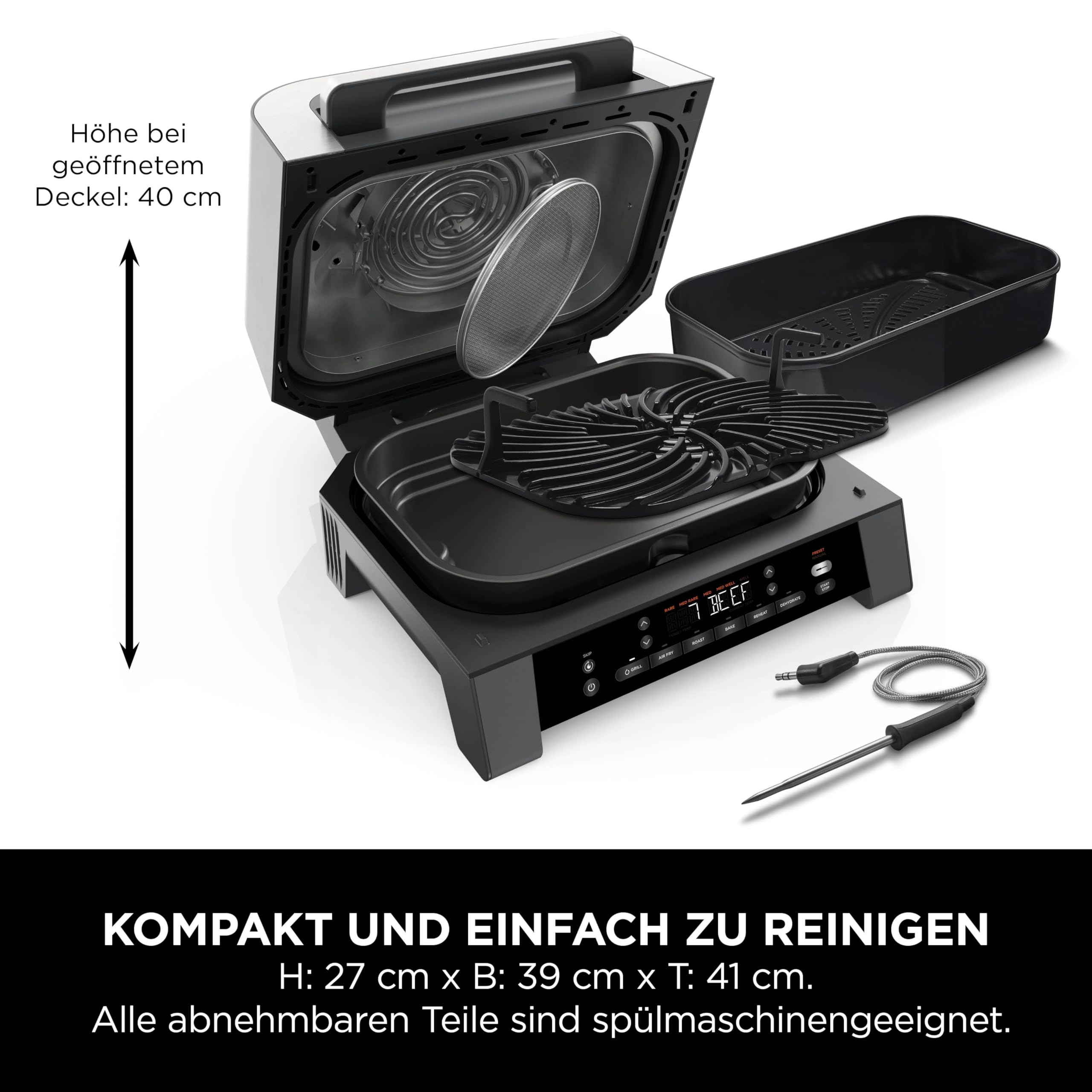 Ninja MAX 6-in-1-Grill & -Heißluftfritteuse für den Innenraum, 6 Kochfunktionen, für bis zu 6 Burger, 3,8-l-Fassungsvermögen, kaum Rauch, enthält digitales Bratthermometer, Grau/Silber, DG551EU