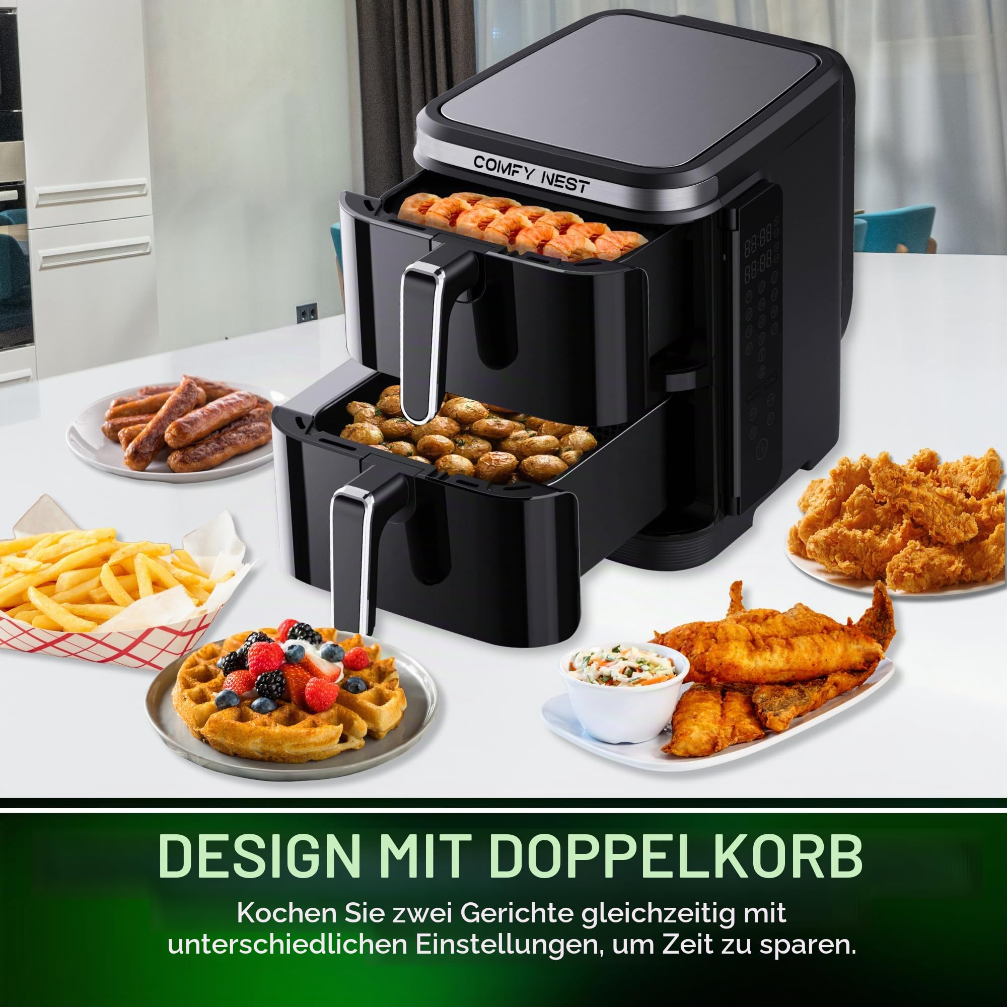 Comfy Nest, 11-Liter-Doppelkorb-Luftfritteuse, Heißluftfritteuse, gleichzeitiges Kochen, digitaler Touchscreen, Rapid Air-Technologie, erhöhte Sicherheit, leicht zu reinigen – 5,5 l, Schwarz