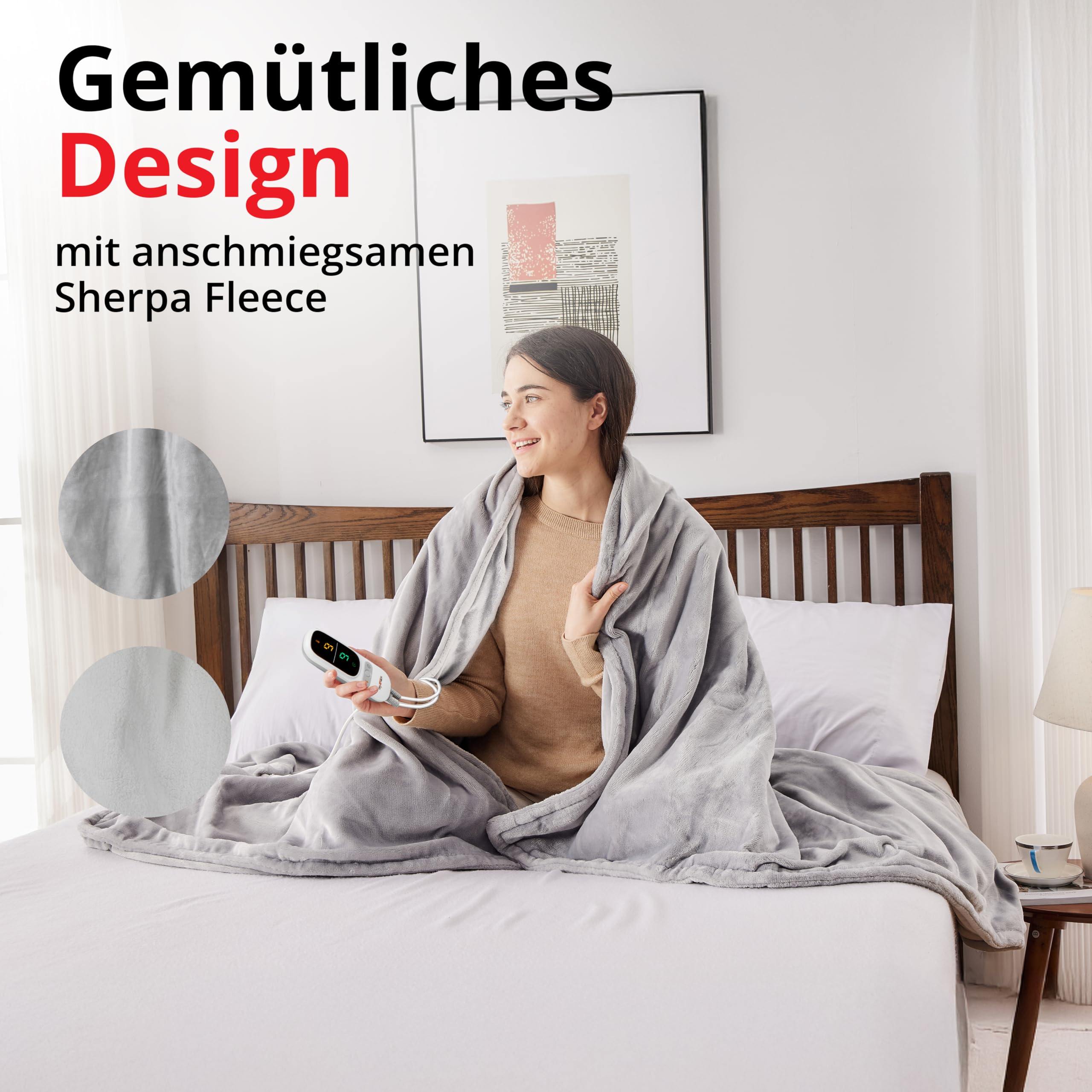 Grafner Heizdecke 200 x 180 cm Sherpa Fleece, elektrische Wärmedecke für 2 Personen, 9 Heizstufen, 200 Watt, Timer 1-9h, Abschaltautomatik, LED Fernbedienung, maschinenwaschbar, große Kuscheldecke