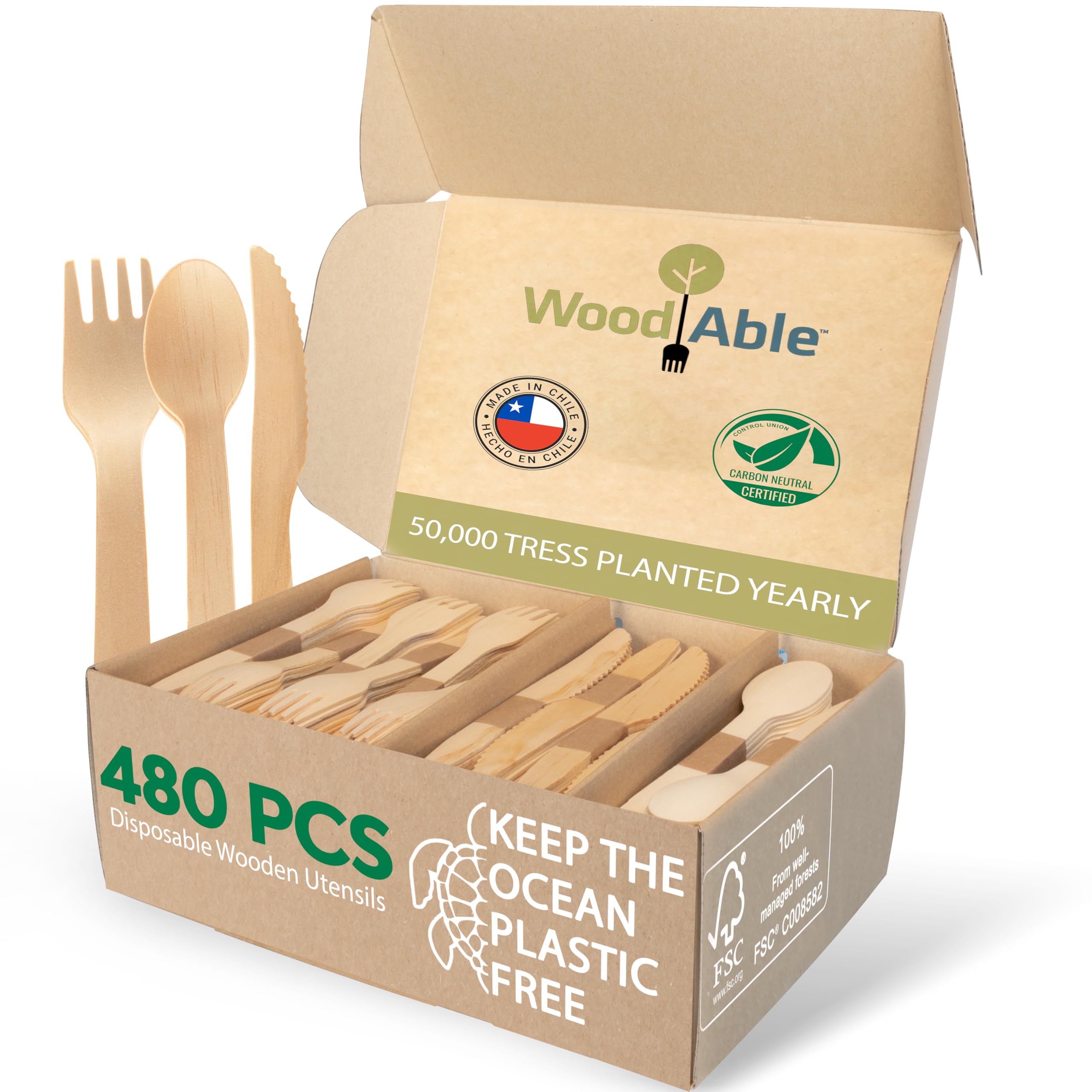 Mezcla de cubiertos de madera desechables y compostables para patio, ecológica, sostenible, orgánica, biodegradable, vegana, 480 unidades, incluye 240 tenedores, 80 cucharas y 160 cuchillos