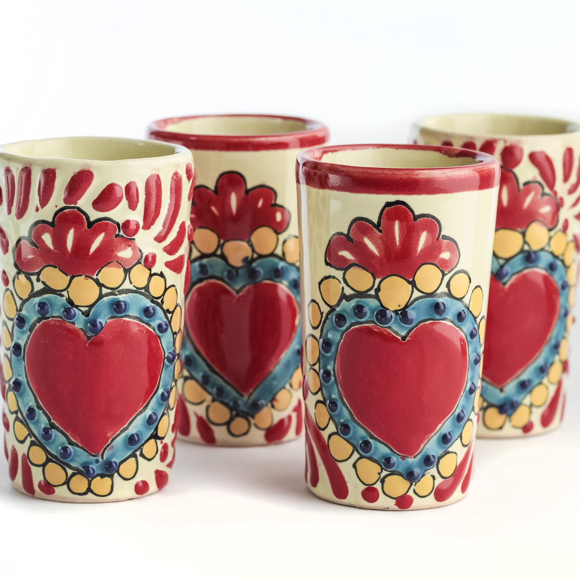 MEXTEQUIL - Talavera Shot Glasses Set of 4 Authentic Mexican Tequila Shot Glasses - Hand-painted - 2 Oz (Sacred Heart)