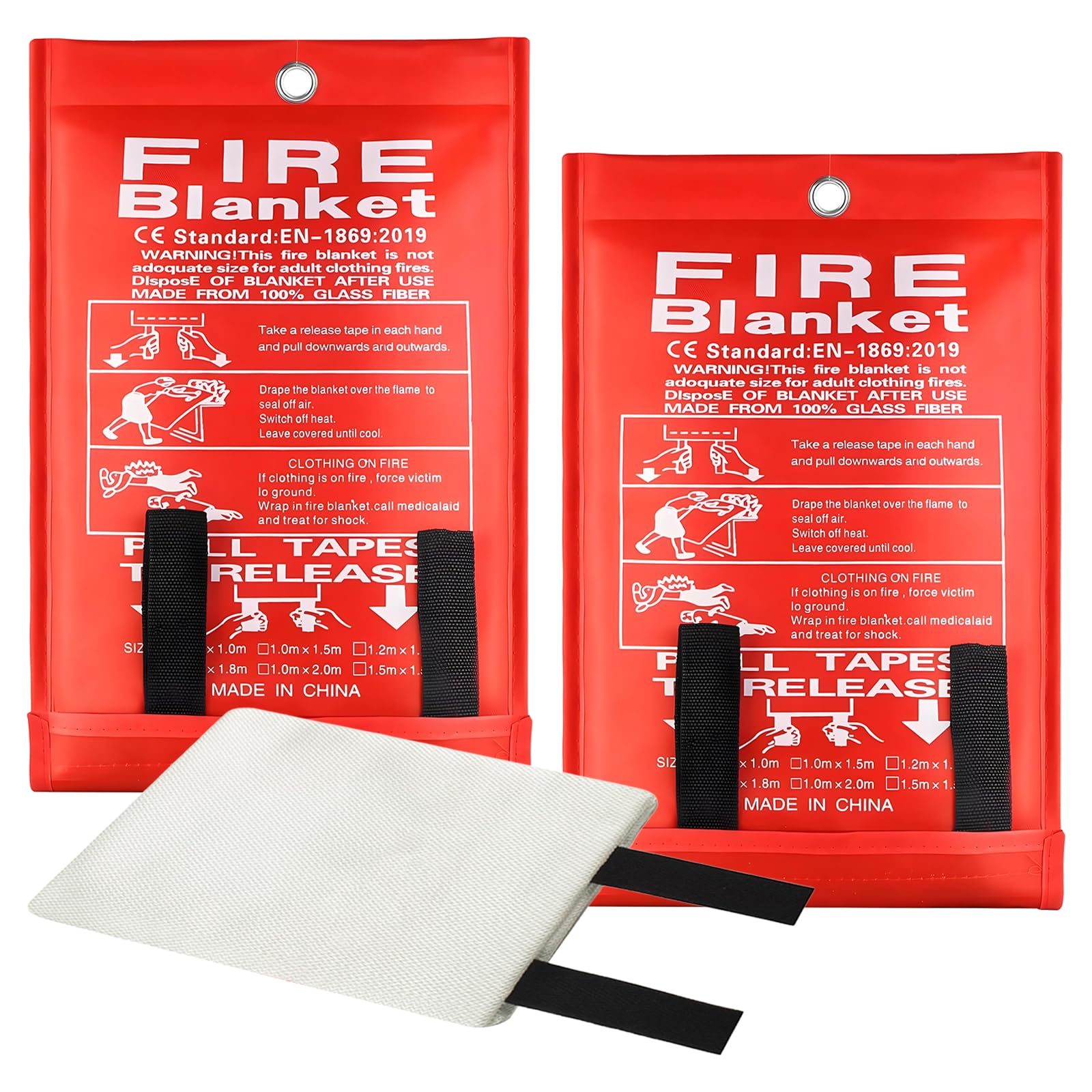 Wihozte Fire Blankets, Quick Unfolding Fireproof Fiberglass - 2PCS Fireproof for Home Caravan Kitchen Camping Office, Fiberglass Emergency Blanket with Storage Bag (1m×1m)