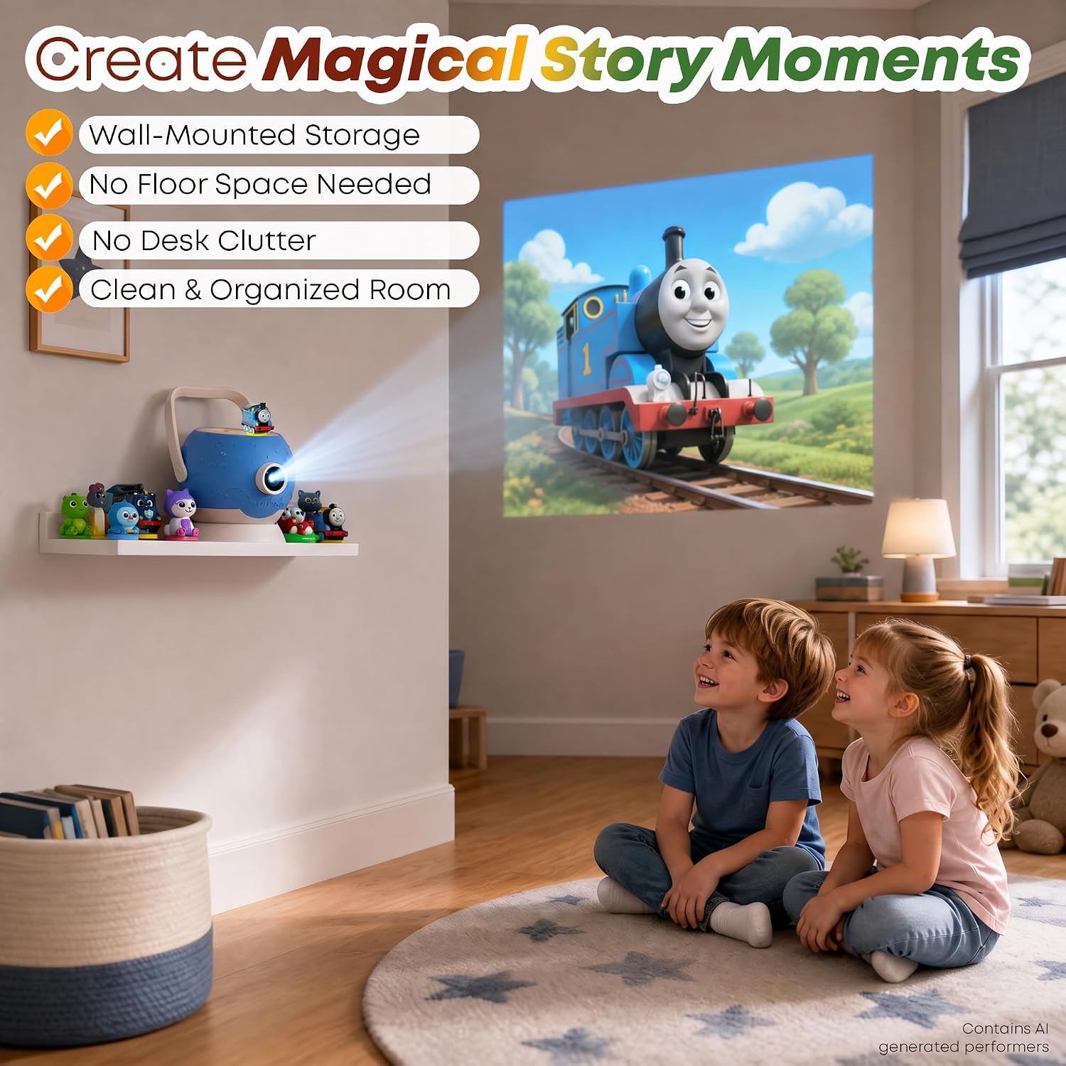 Floating Shelf for Luna Storytime Projector Character Stoage Wall Shelf | Organizer for Luna Projector Figures Figurine Cartridge Display Holder,Pine Wooden,for Kids Boys Girls Play Room,White
