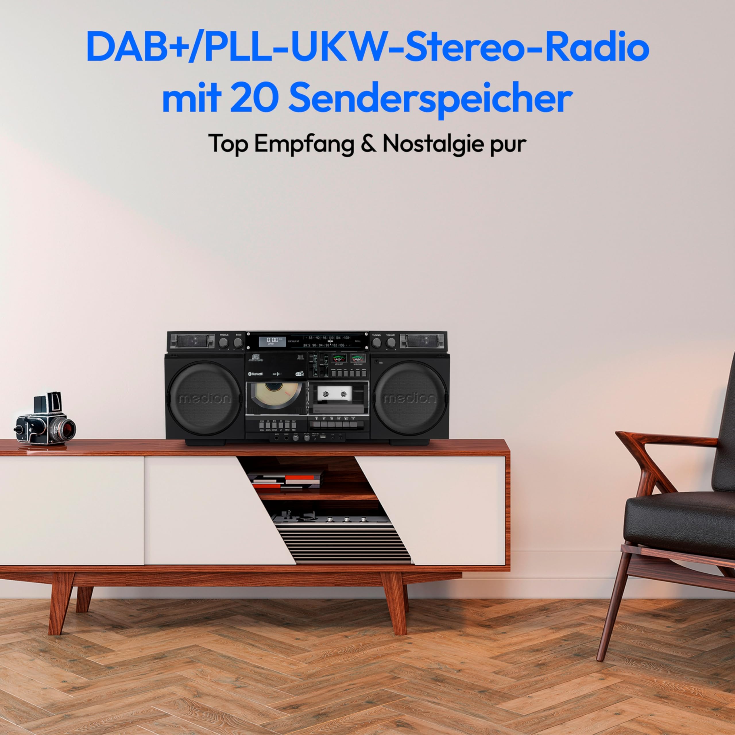 MEDION P66538 Kassettenrecorder (Retro Ghettoblaster mit CD-Player, 80er, groß, USB, SD, CD, Kassetten MC, DAB+ Radio Teleskopantenne, Bluetooth, Kassettendeck, Aufnahmefunktion