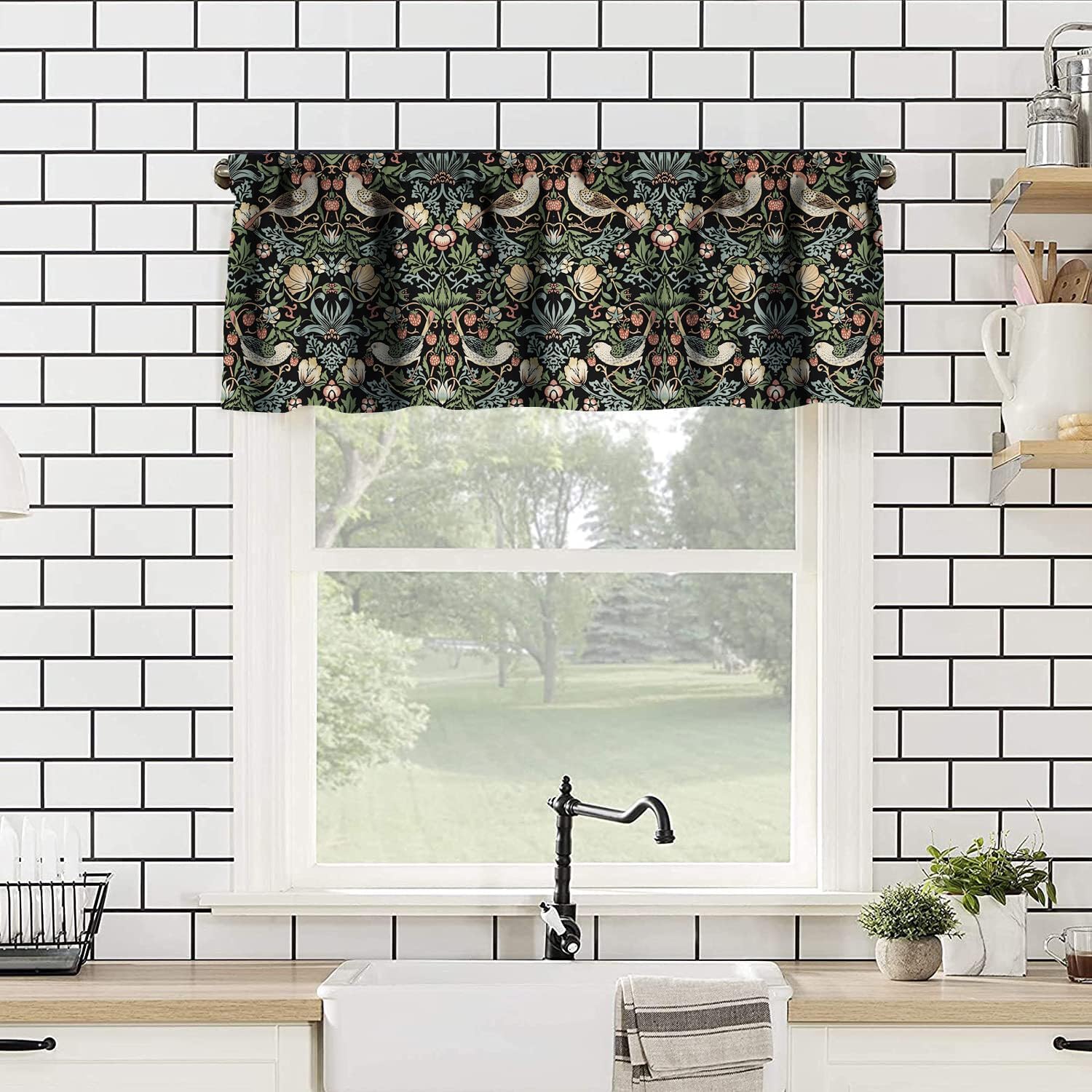William Morris Kitchen Valance,Retro Flower Strawberry Thief Floral Printed Small Window Treatments for Kitchen Living Room Bathroom Cafe Decor Rod Pocket Vintage Valances 54x18 Inch, 1 Panel 54"W x 18"L (Pack of 1) Floral-11