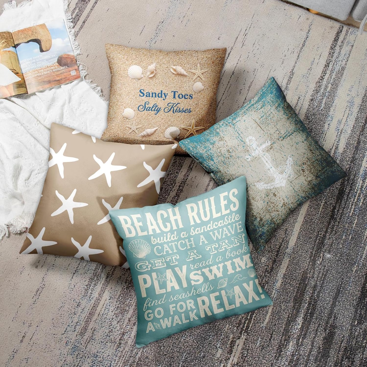 Emvency Set of 4 Throw Pillow Covers Beach Starfish Words Rules Holiday Summer Nautical Anchor Distressed Taupe Decorative Pillow Cases Home Decor Square 26x26 Inches Pillowcases
