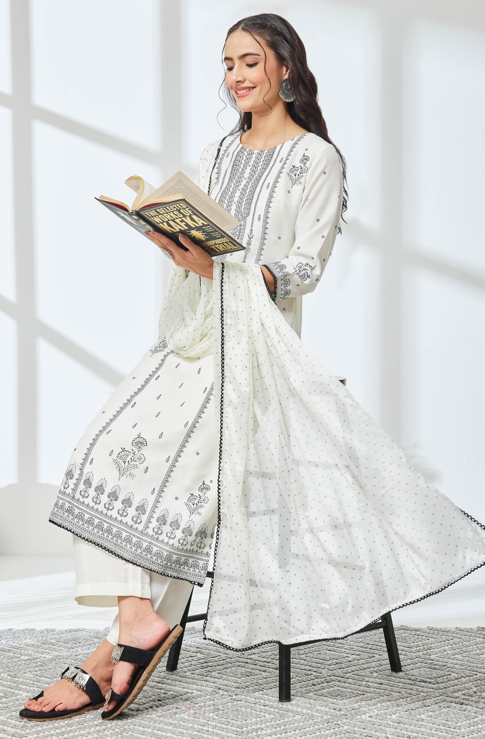 Janasya Women's White Silk Blend Ethnic Printed Straight Kurta Set product image 6