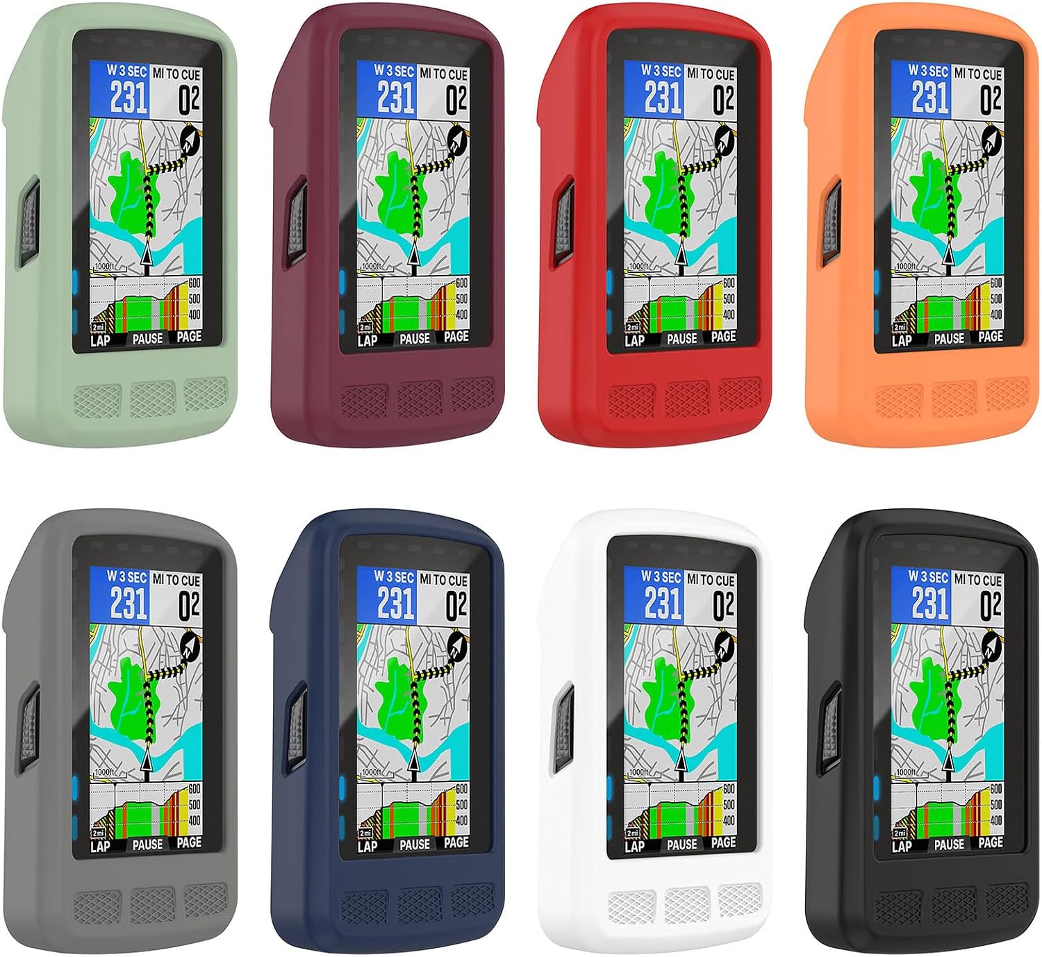 Eight different colored silicone cases for Wahoo ELEMNT ROAM GPS, each with a device inside, showcasing the available color options.