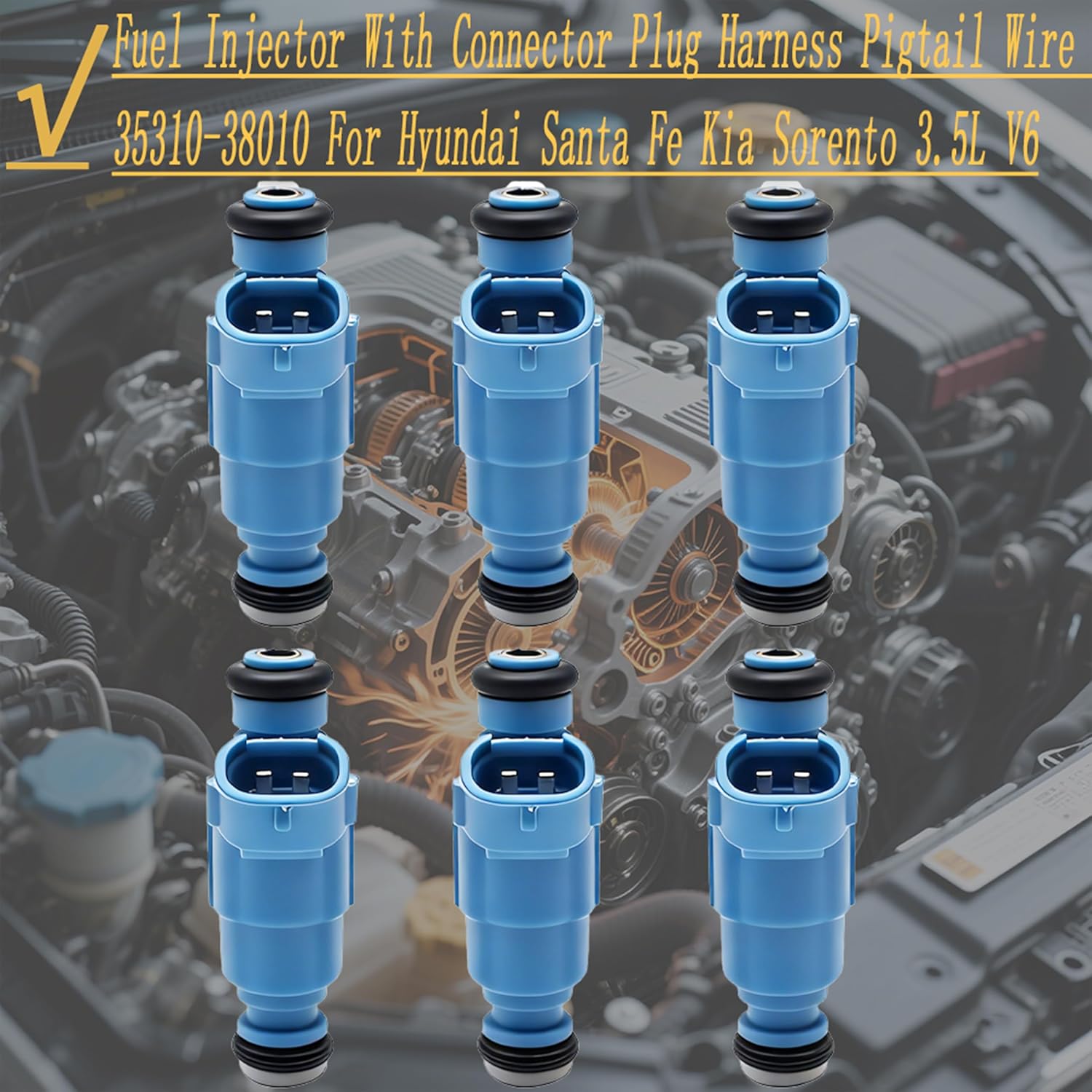 6PCS Fuel Injector With Harness Connector Plug Replacement For Hyundai Santa Fe 2003-2006, XG350 2002-2005 & For Kia Sorento 2003-2006, Sedona 2002-2005, Amanti 2004-2006, V6 3.5L Gas,OE# 3531038010