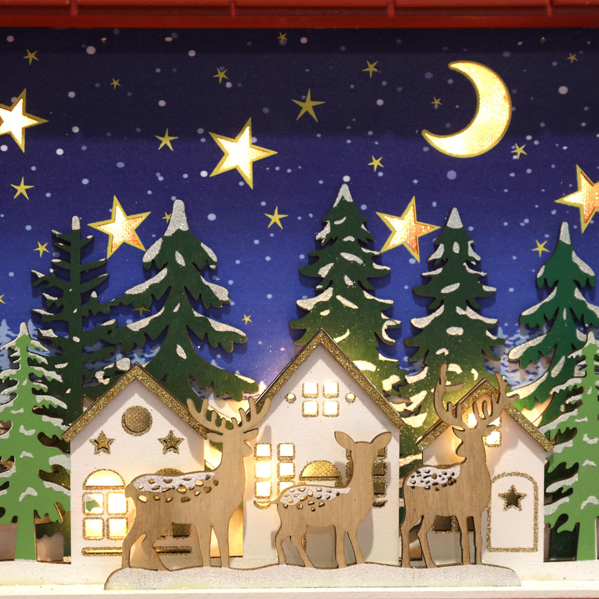 PE Handgefertigter Holz Adventskalender mit 24 Schubladen - Beleuchteter Weihnachtskalender mit Dorf Szene und Rentier - Weihnachtsdeko zum Befüllen 35,5 x 5 x 27,2 cm